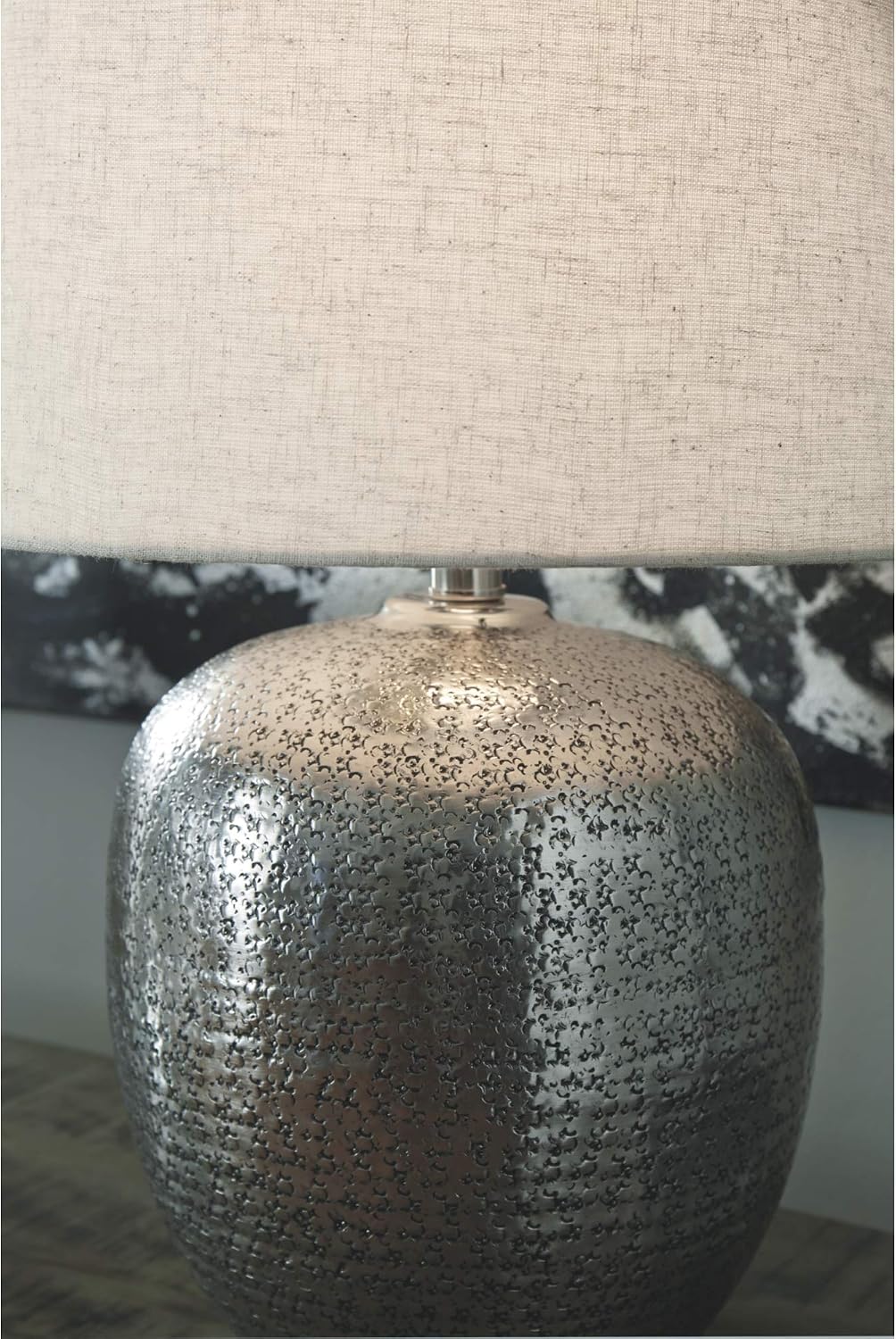 Signature Design by Ashley Magalie Contemporary UL Listed Table Lamp with Modified Drum Shade, 3-Way Switch, Hammered Aluminum, 23.13' High, Antique Silver