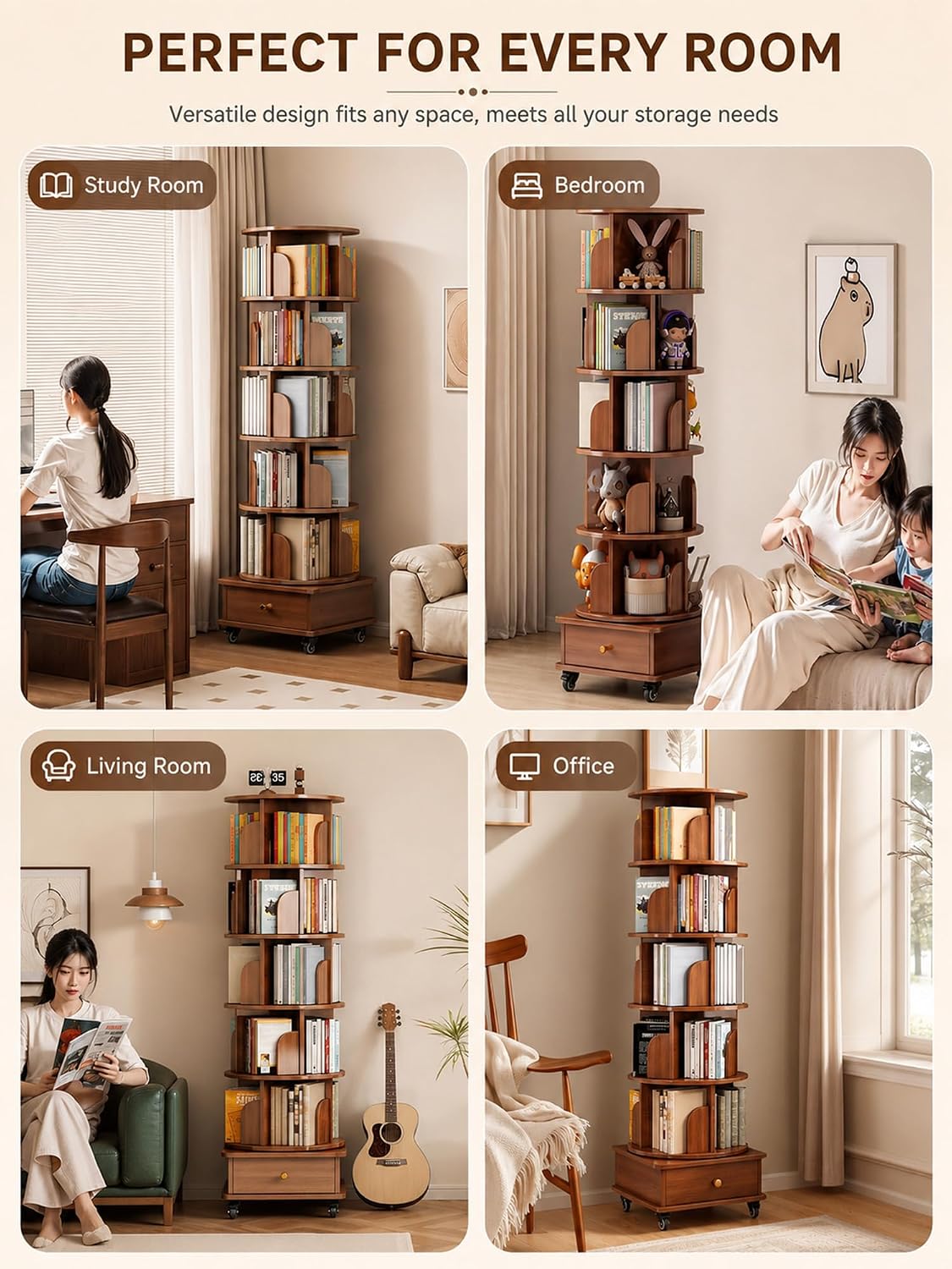6 Tier Rotating Bookshelf with Cabinet On Wheel, 360° Display Spinning Corner Book Shelf Tower, Narrow Tall Bookshelves, Small Revolving Bookcase, Wooden Book Shelf Standing Storage Rack