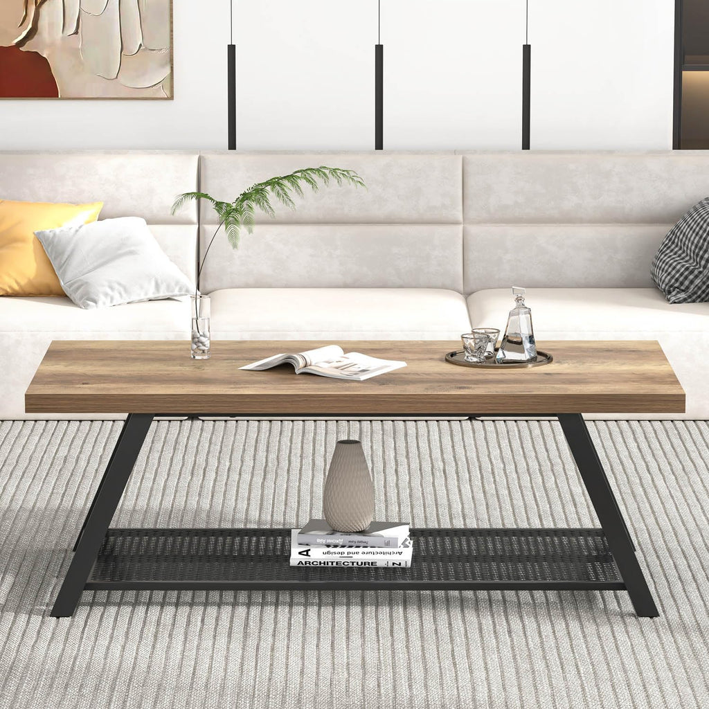 FOLUBAN Coffee Table with Storage, Modern Rustic Wood and Metal Coffee Tables for Living Room, Industrial 2-Tier Center Tea Cocktail Table, Oak, 47 Inch