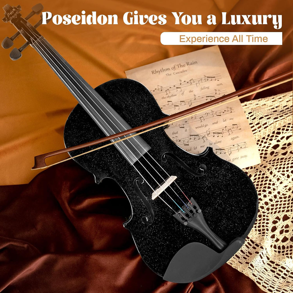 Poseidon Violin Set for Beginners Adult Student, 4/4 Violin Beginner w/Case, Extra Violin 4/4 Strings Set, Two Bows, Two Bridges, Two Rosins, Tuner, Manual - Black