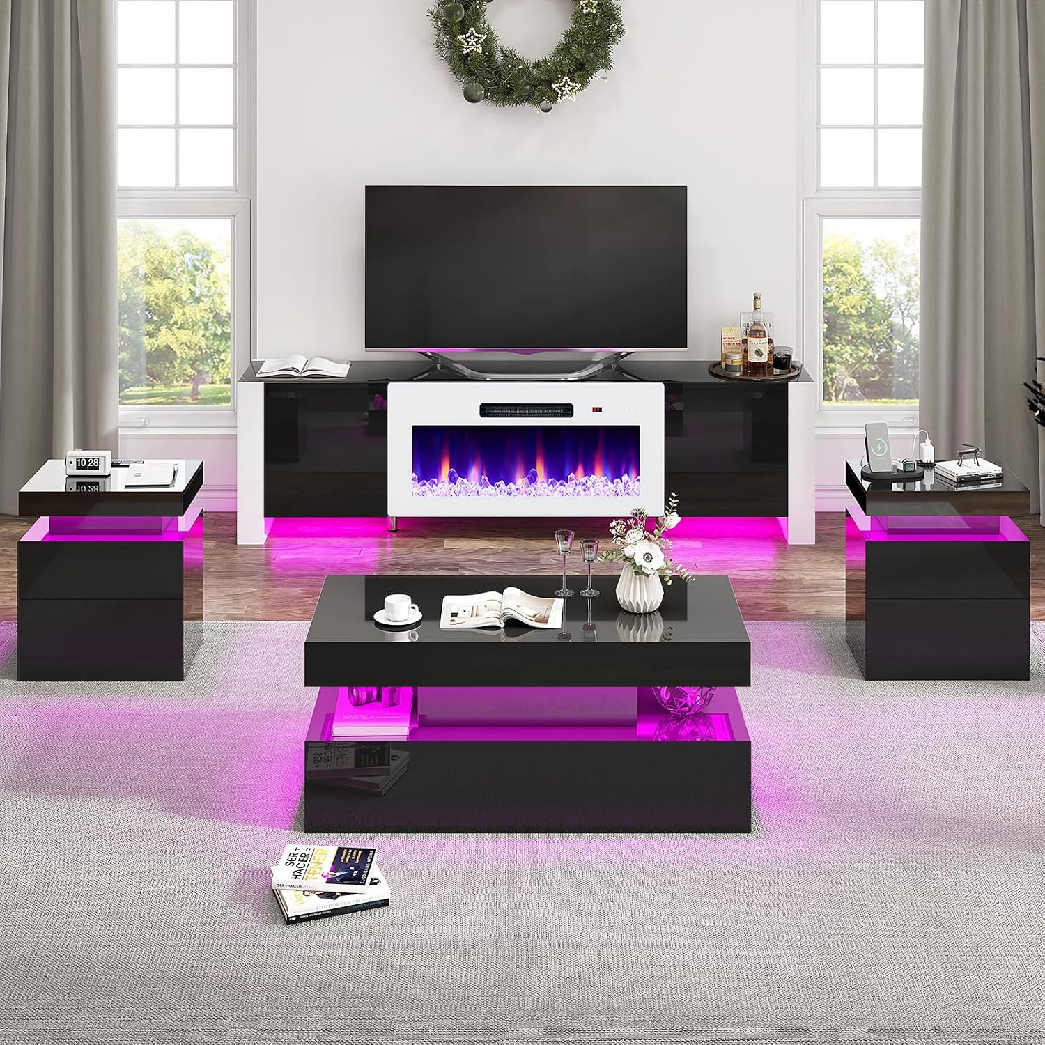 VanAcc 4-Piece Living Room Table Set, 80' Fireplace TV Stand with High Gloss Doors, Modern Coffee Table, LED Light End Table,High Glossy Table Sets for Living Room, Black & White