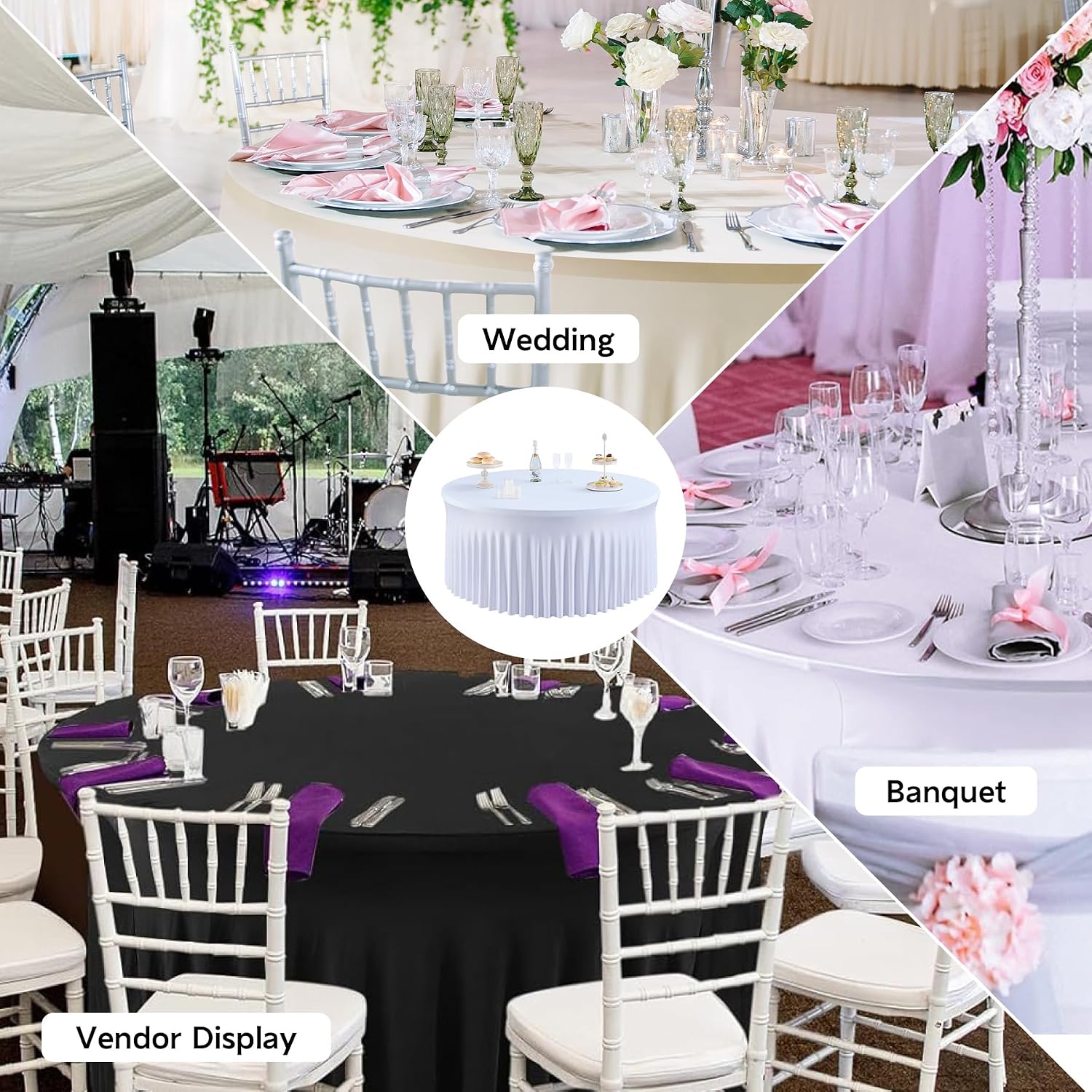 leegleri 12 Pack White Spandex Round Tablecloths - 60 inch, Stretchy 120 inch Fitted 5FT Round Table Cloths with Wrinkle Free Skirt for Wedding Party Dining Banquet