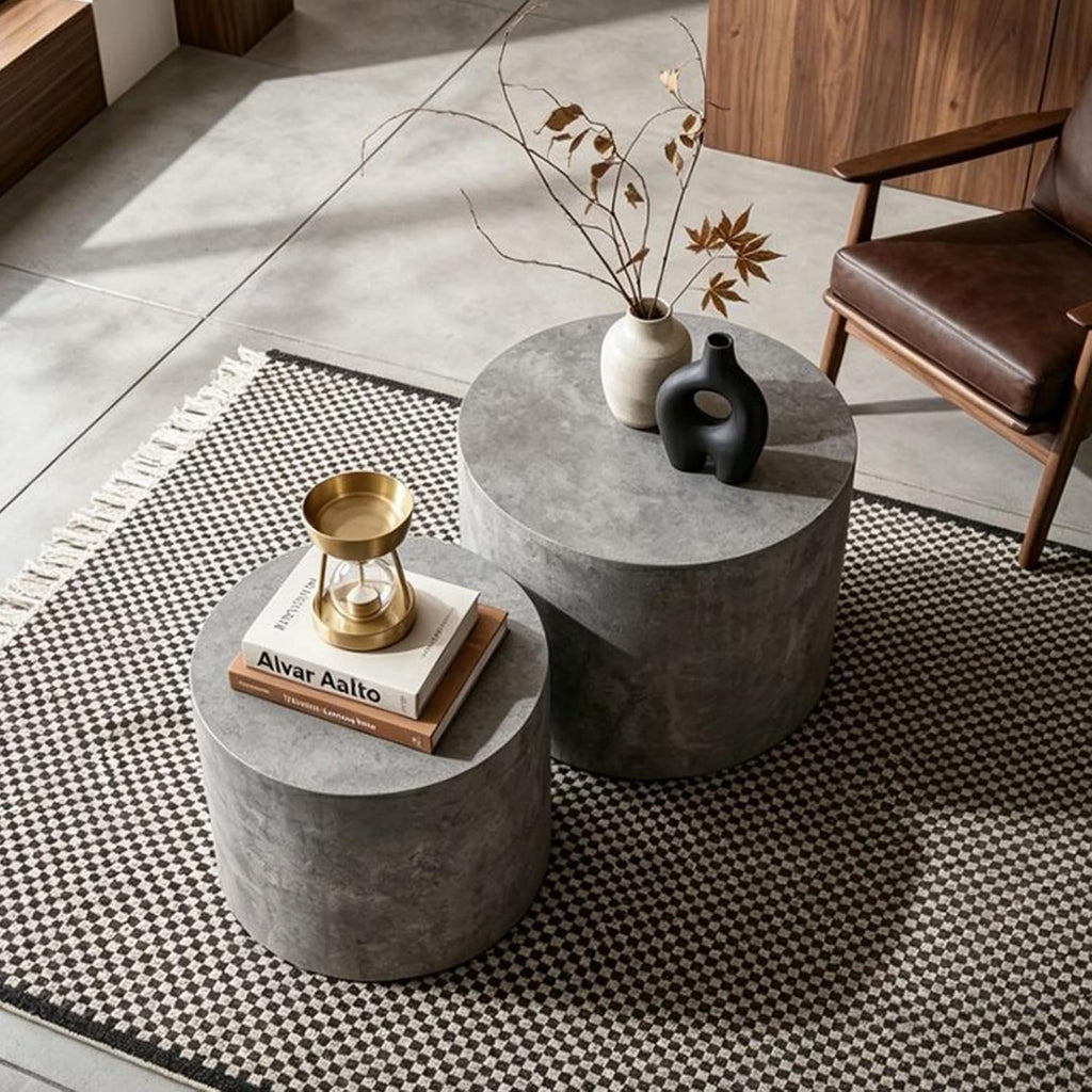 WILLIAMSPACE Nesting Coffee Table Set of 2, Matte Grey Round Wooden Coffee Tables Modern Circle Center Table for Small Space Living Room Bedroom Accent End Side Table, No Assembling (Stone Gray)