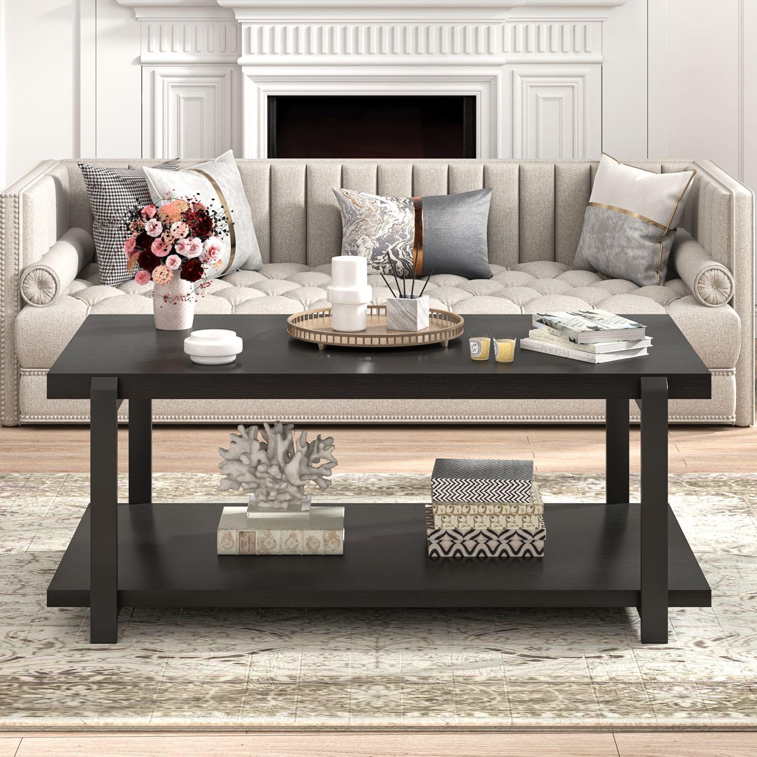 FOLUBAN Black Coffee Table, Modern Rustic Wood Center Table with Storage for Living Room, Industrial Rectangle 2 Tier Cocktail Tea Table, Black Oak