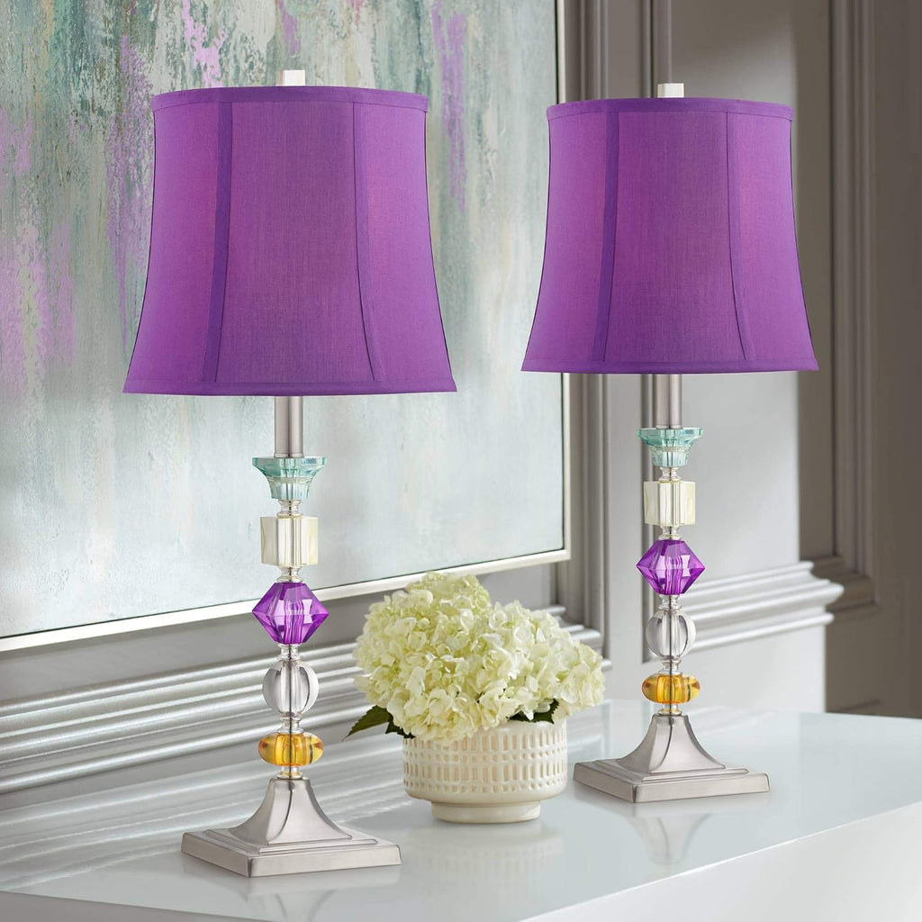 360 Lighting Bijoux Modern Chic Bohemian Table Lamps 25.5' High Set of 2 Brushed Nickel Multi Colored Stacked Acrylic Gem Purple Drum Shade for Kids Girls Room Bedroom Bedside House Home