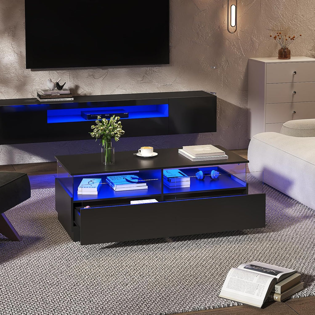HedoAjim Rectangular Coffee Tables with Storages, Modern Black Coffee Table for Living Room, Rectangular Coffee Tables and 2 Spacious Drawers, Coffee Table with LED Light