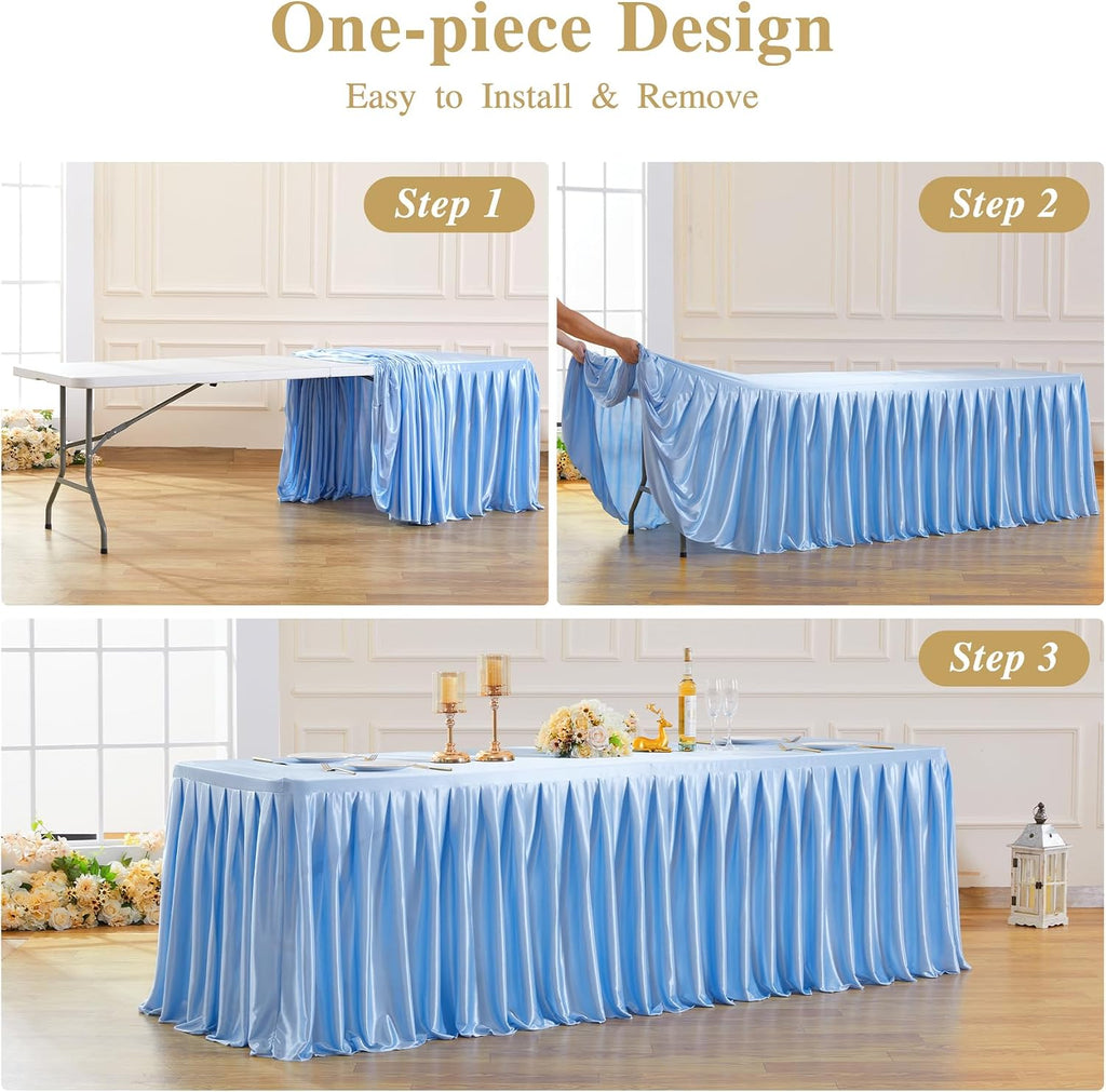 4 Pack 8FT Blue Satin Tablecloths for Rectangle Tables - Shiny Spandex Party Table Cover with Pleated Table Skirt, No-Wrinkle & Glossy Wedding Tablecloth One-Piece for Birthday Baby Shower Banquet