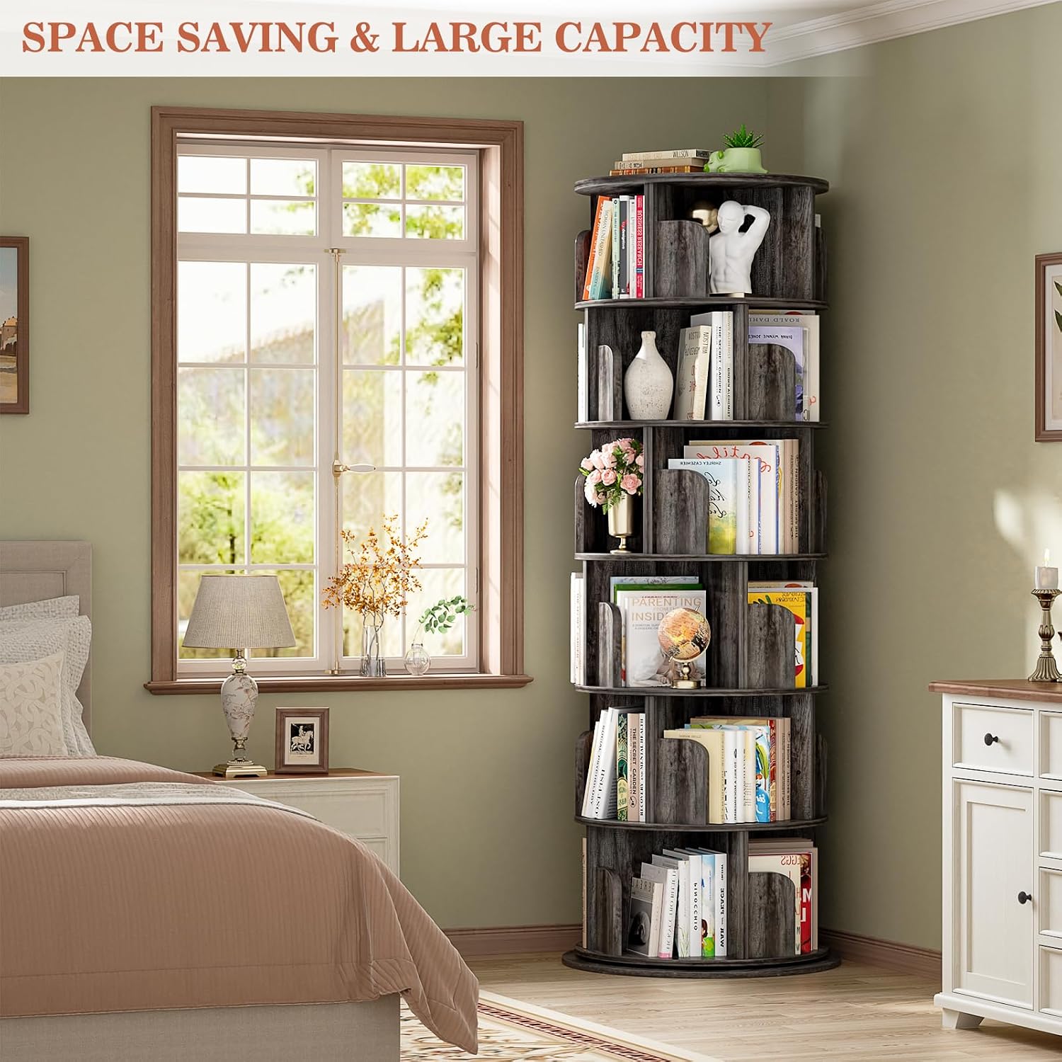 Aheaplus 6 Tier Rotating Bookshelf, Wood Spinning Bookshelf Tower, Round Revolving 360 Bookcase, Narrow Turning Book Shelf Rolling Corner Organizer for Small Space, Bedroom, Office, Black Oak