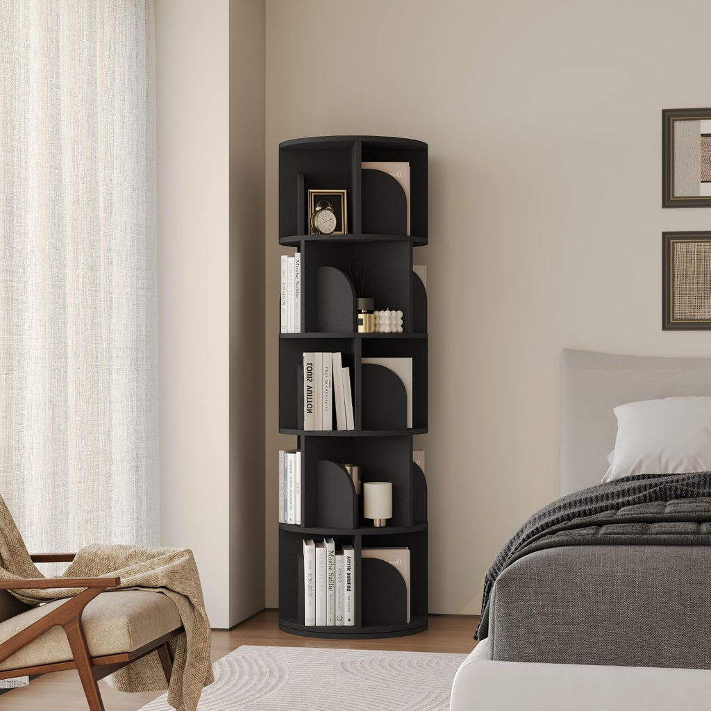 YOWOS Rotating Bookshelf, Small Corner Bookshelf for Small Space, 360 Display Floor Standing Bookcase Storage Rack, Wood Narrow Book Shelf Organizer for Bedroom, Living Room (Black, 5 Tiers)