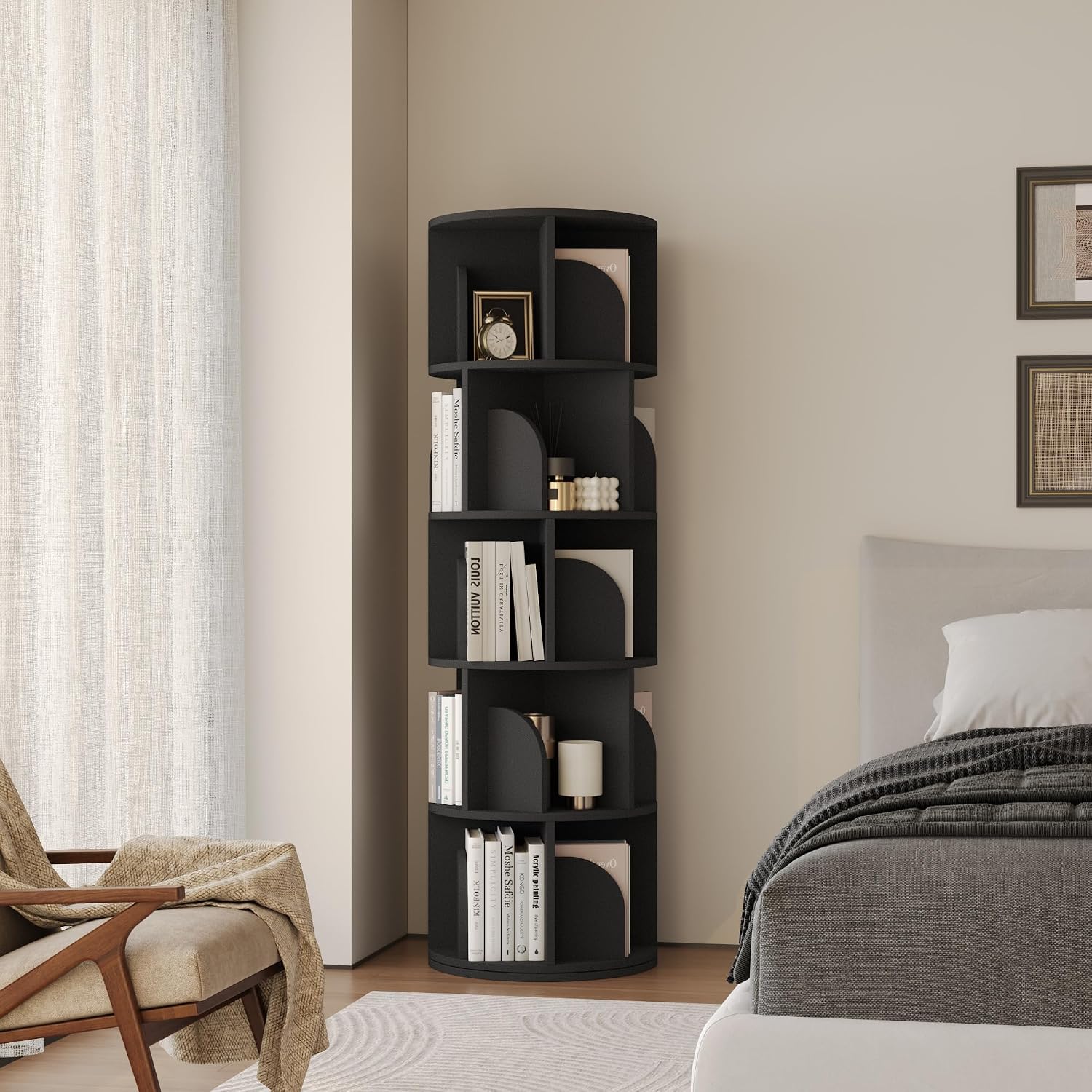 YOWOS Rotating Bookshelf, Small Corner Bookshelf for Small Space, 360 Display Floor Standing Bookcase Storage Rack, Wood Narrow Book Shelf Organizer for Bedroom, Living Room (Black, 5 Tiers)