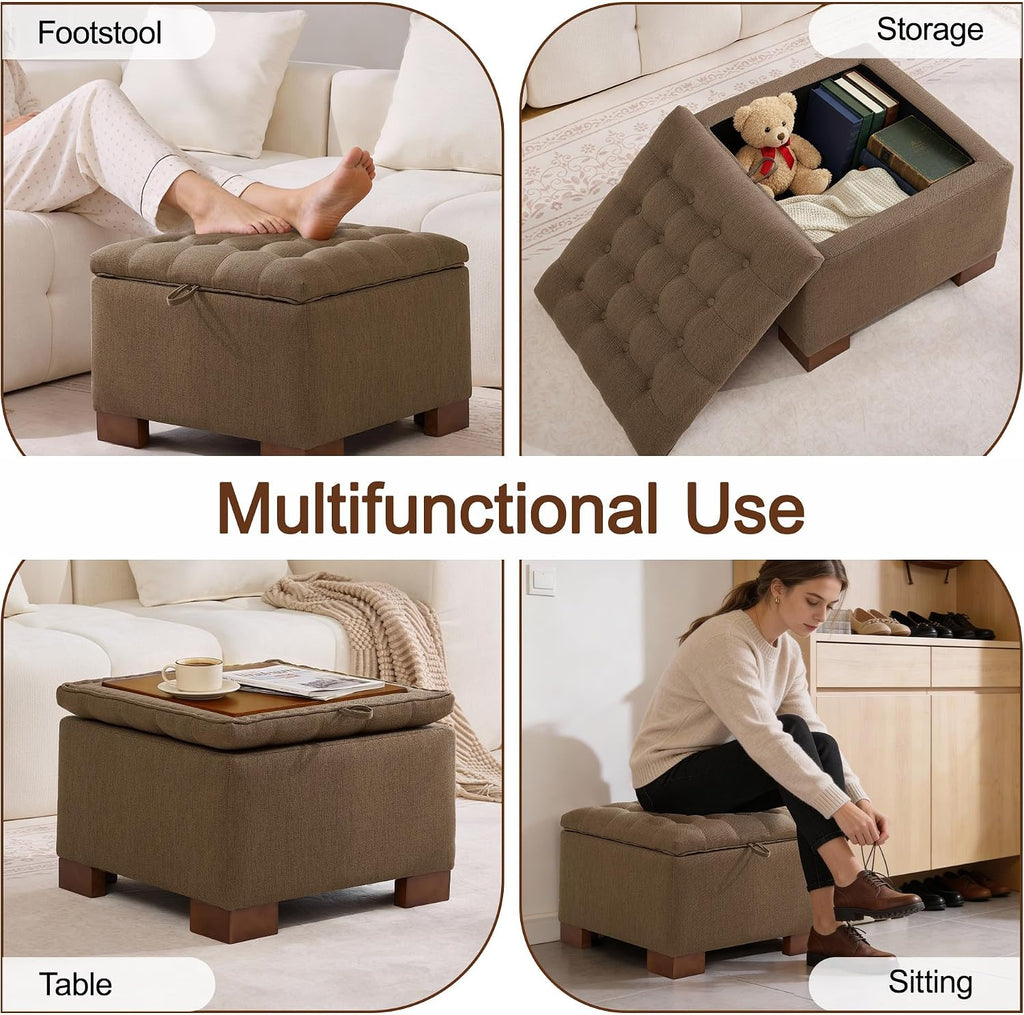 WUTUTUEE 24' Fabric Square Storage Ottoman with Wooden Tray, Modern Tufted Button Footstool Coffee Table, Upholstered Small Ottoman for Living Room, Bedroom, Brown