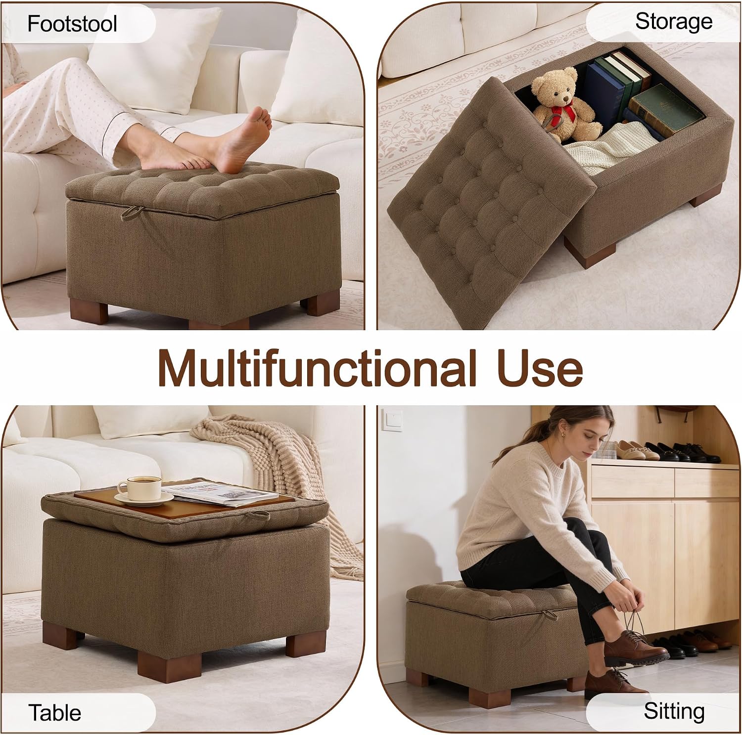 WUTUTUEE 24' Fabric Square Storage Ottoman with Wooden Tray, Modern Tufted Button Footstool Coffee Table, Upholstered Small Ottoman for Living Room, Bedroom, Brown