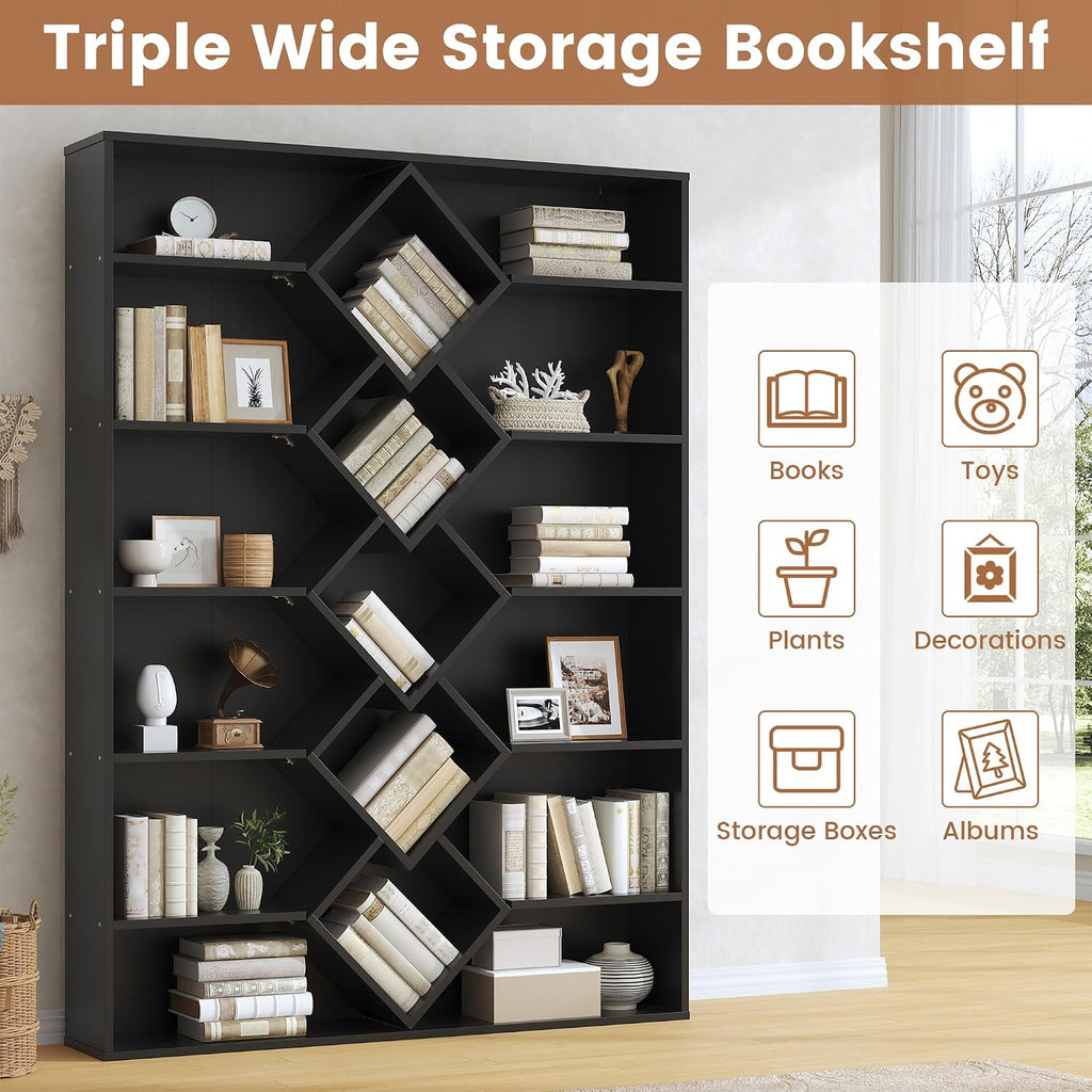 Winkalon 71' Triple Wide Bookshelf, 6-Tier Bookcase with Diamond Accent Compartments, Space-Saving Storage Cabinet for with 17 Open Display Shelves for Living Room, Bedroom, Home Office (Black)