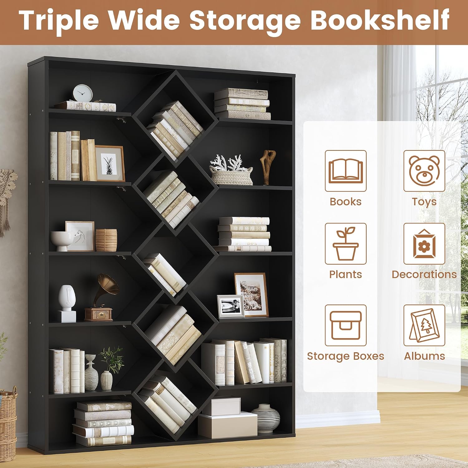 Winkalon 71' Triple Wide Bookshelf, 6-Tier Bookcase with Diamond Accent Compartments, Space-Saving Storage Cabinet for with 17 Open Display Shelves for Living Room, Bedroom, Home Office (Black)