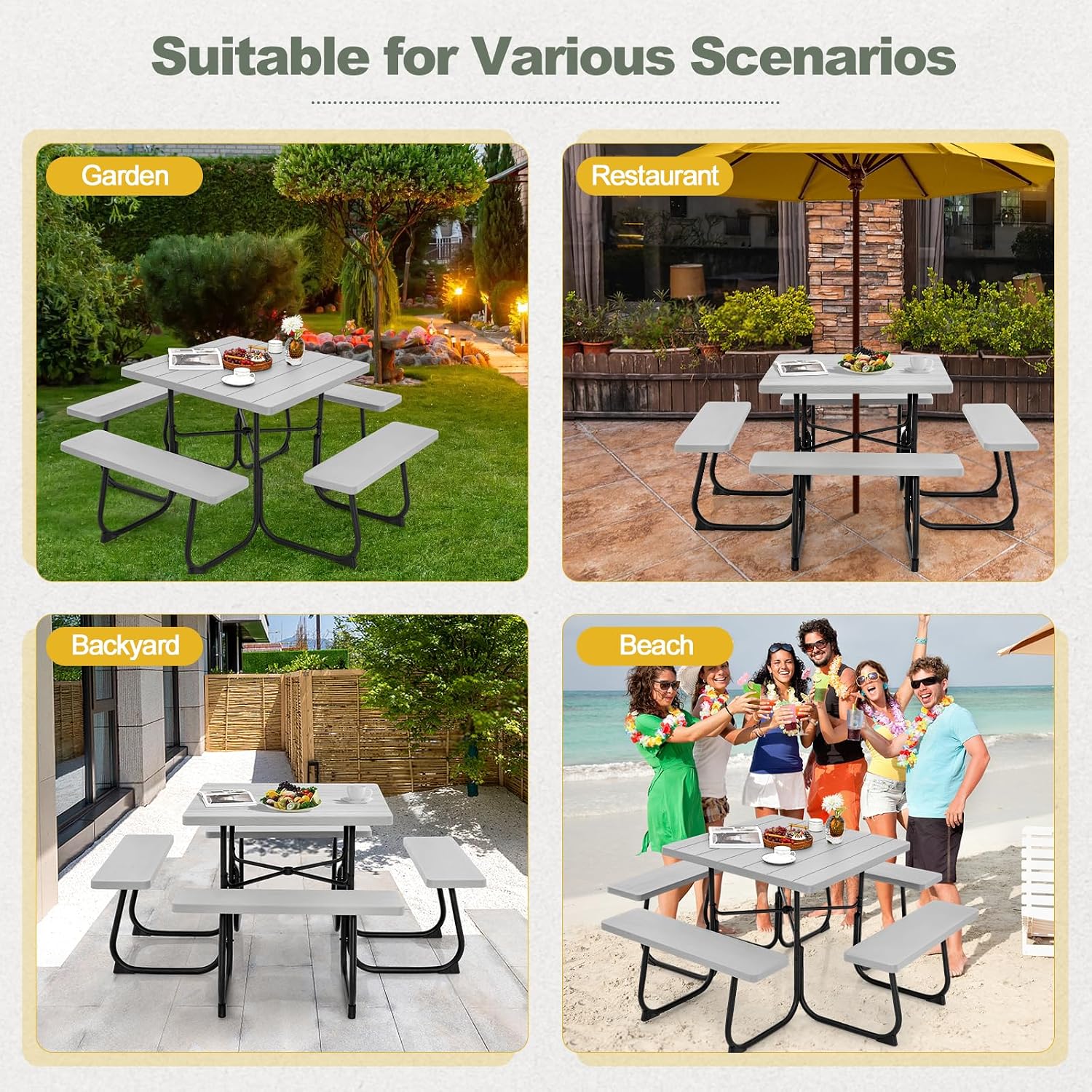 Tangkula 8 Person Picnic Table, Outdoor Square Picnic Table with 4 Built-in Benches, Umbrella Hole, Metal Frame & HDPE Tabletop, Outside Table and Bench Set for Backyard, 2300lbs Weight Capacity
