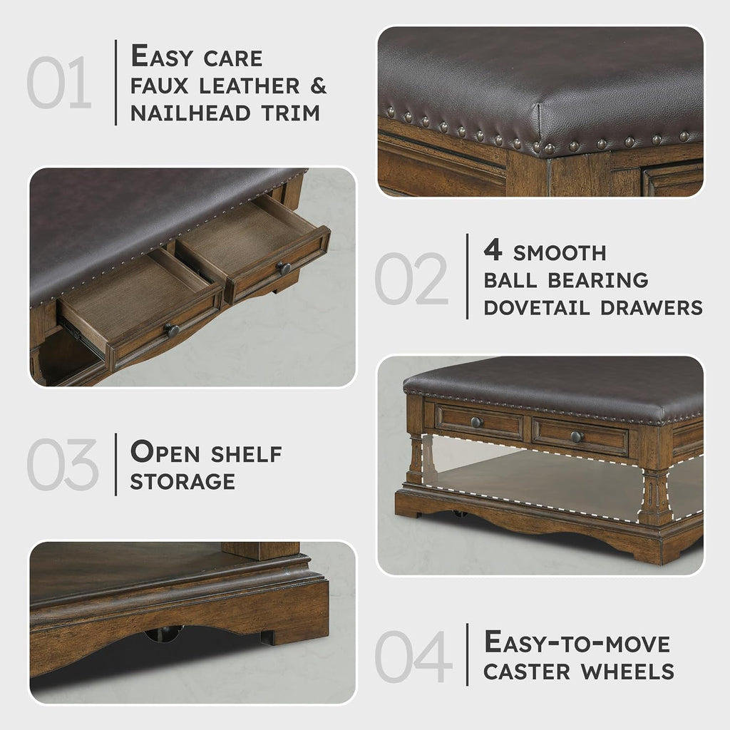 Lexicon 39 Inch Wood Coffee Table with 4 Drawers, Lower Open Shelf, Casters, Square Ottoman Coffee Table, Faux Leather Cocktail Ottoman, Nailhead Trim, Footrest for Living Room, Easy Assembly, Brown
