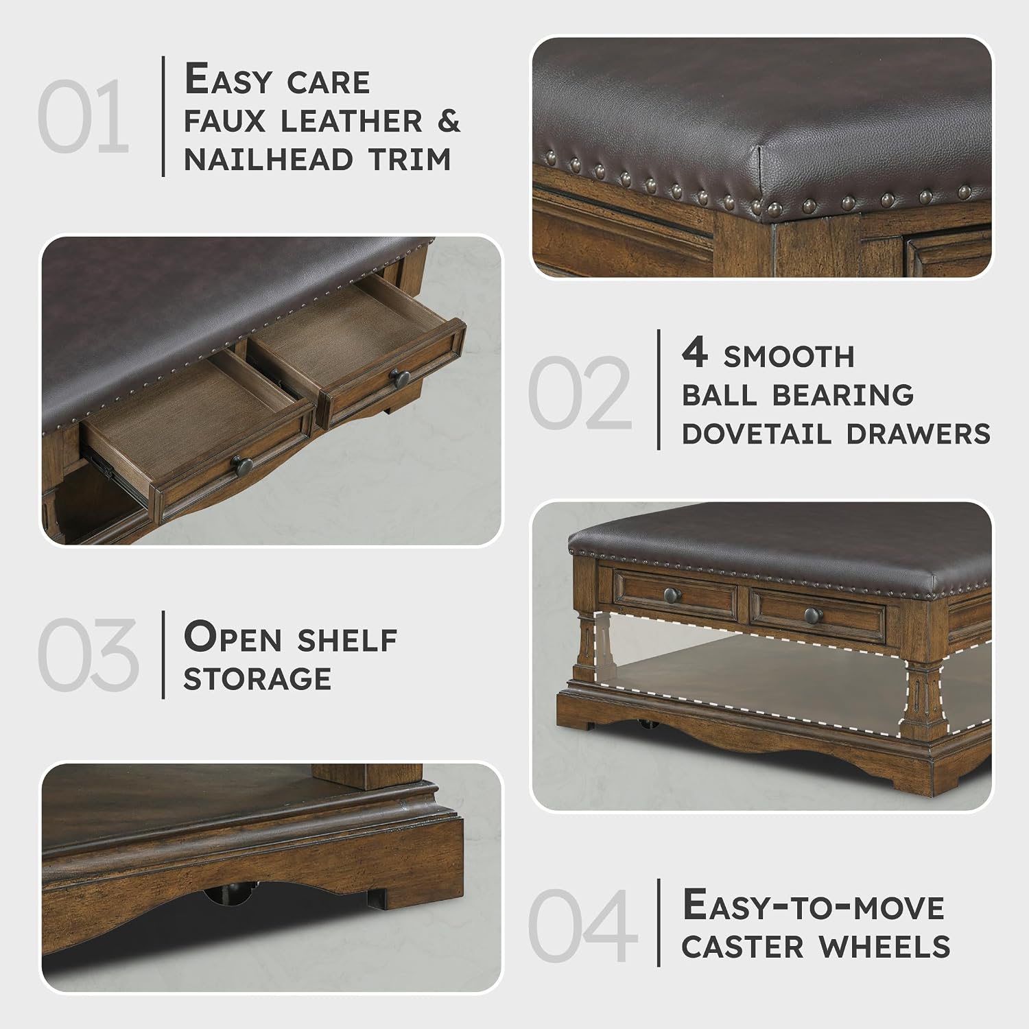 Lexicon 39 Inch Wood Coffee Table with 4 Drawers, Lower Open Shelf, Casters, Square Ottoman Coffee Table, Faux Leather Cocktail Ottoman, Nailhead Trim, Footrest for Living Room, Easy Assembly, Brown