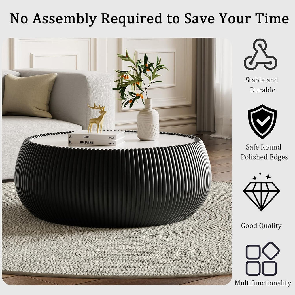 Black Round Coffee Table with Sintered Stone Tabletop, 27.55' Drum Coffee Table with Fluted PU Leather Covered and Stable Base, Circle Cocktail Tea Table for Living Room