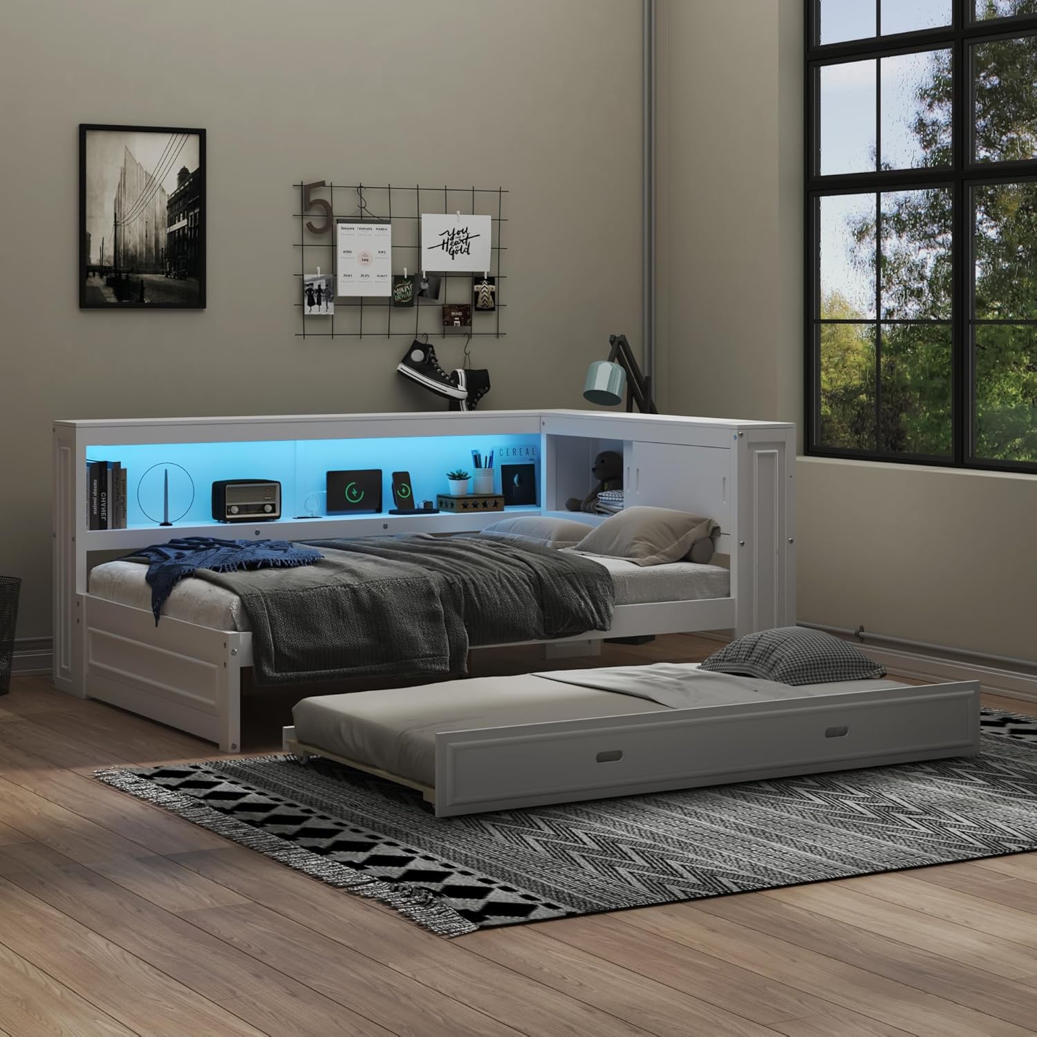 Full Size Daybed with Trundle,L-Shape Daybed with USB Charging Station & LED Light Strip for Kids Teens Adults,Wooden Corner Bed Frame with Storage Shelves & Slat Support for Bedroom,Guest Room,White