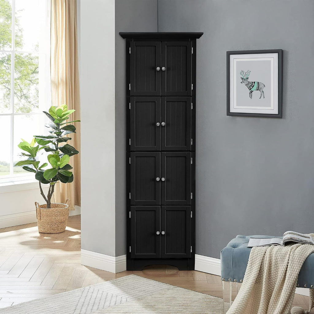 Tall Corner Storage Cabinet with Doors and 4 Shelves, Freestanding Triangle Cabinet for Living Room, Kitchen, Office, Small Space, Floor Corner Storage Rack (Black)
