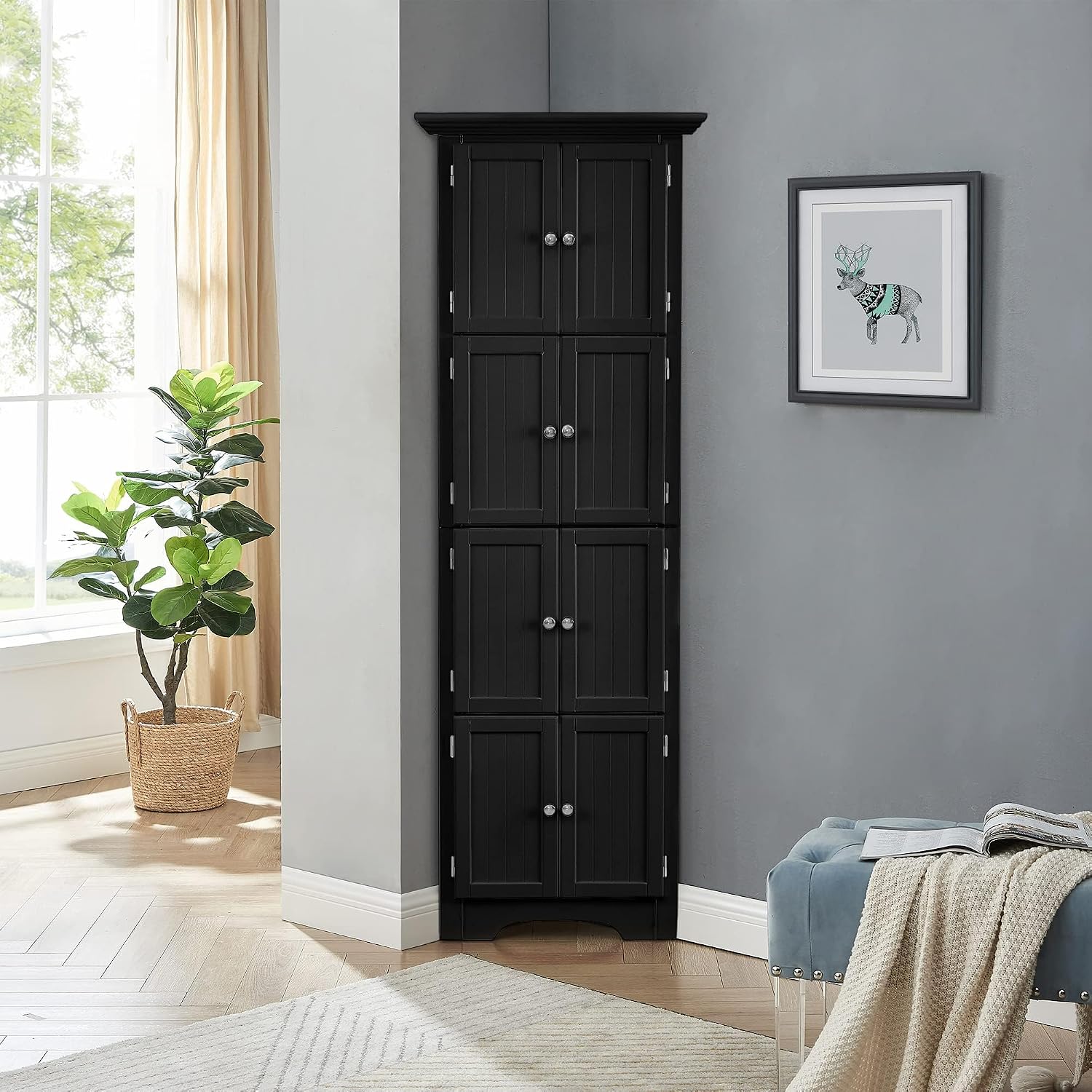 Tall Corner Storage Cabinet with Doors and 4 Shelves, Freestanding Triangle Cabinet for Living Room, Kitchen, Office, Small Space, Floor Corner Storage Rack (Black)