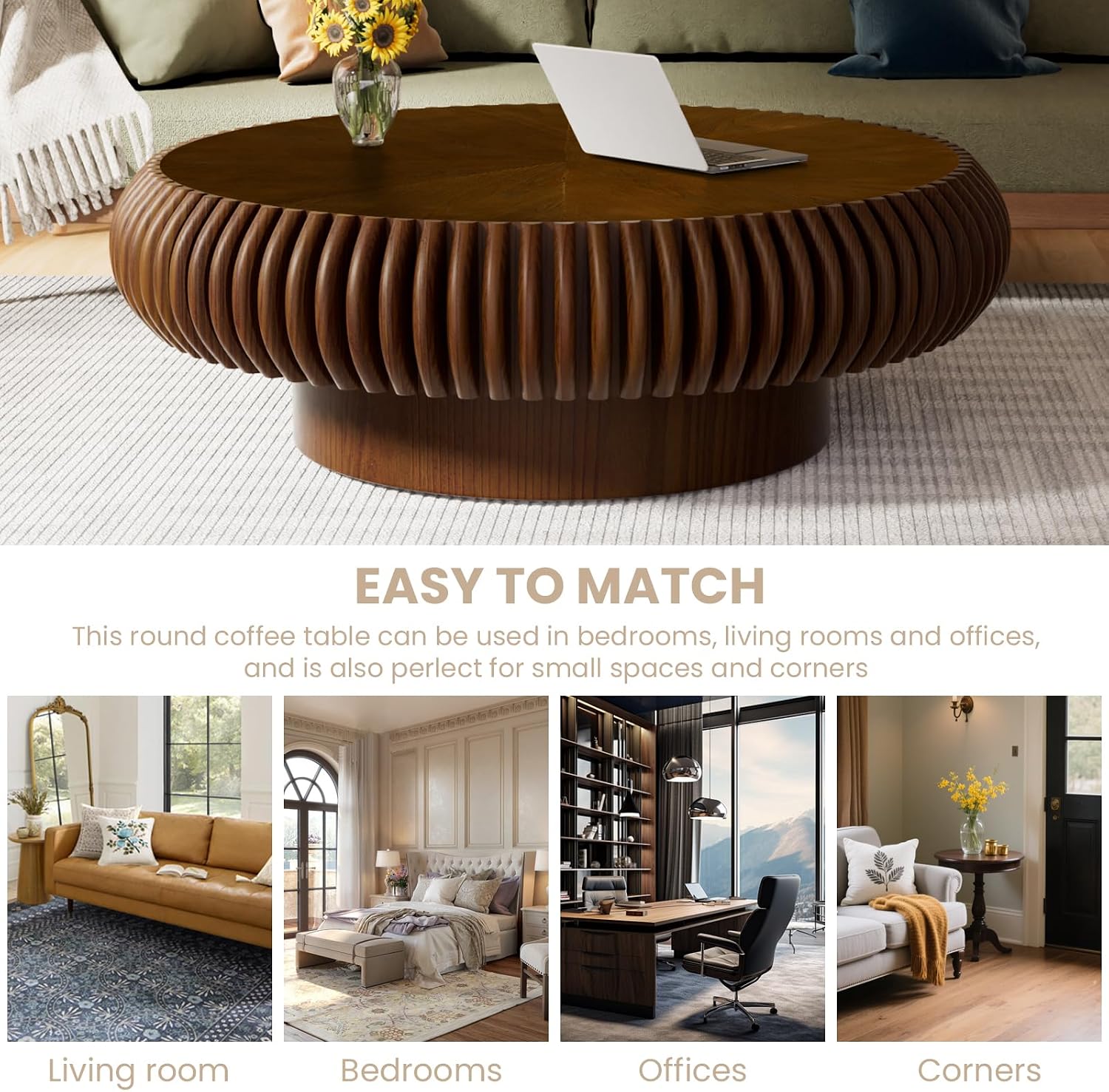 Fluted Drum Coffee Table Round Coffee Table for Living Room Mid Century Modern Coffee Tables with Sturdy Pedestal Circle Center Tea Table Accent Tea Table for Small Space Apartment (39.4inch Walnut)