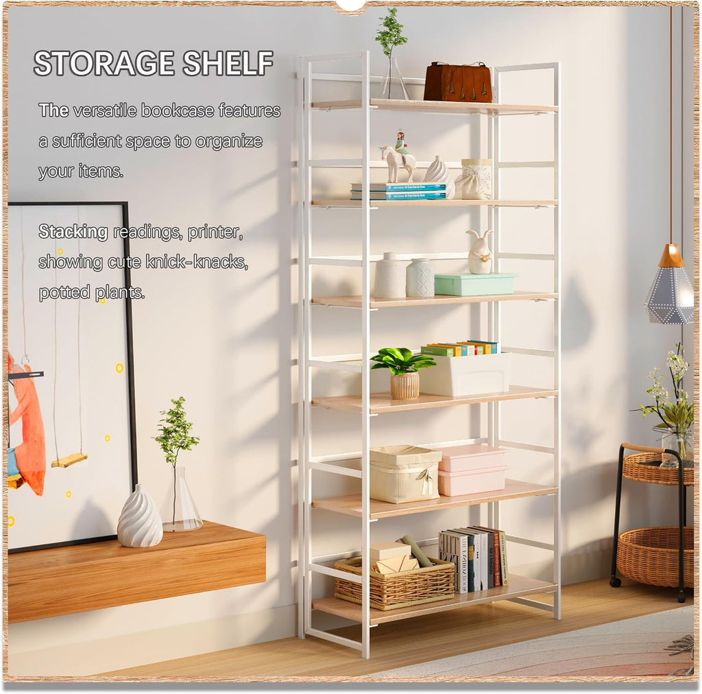 4NM No Assembly 6 Tier Collapsible Book Shelves, 61.8' H x 23.6' W Folding Bookshelf Bookcase Open Industrial Foldable Shelf for Bedroom, Living Room, Home Office - Natural White