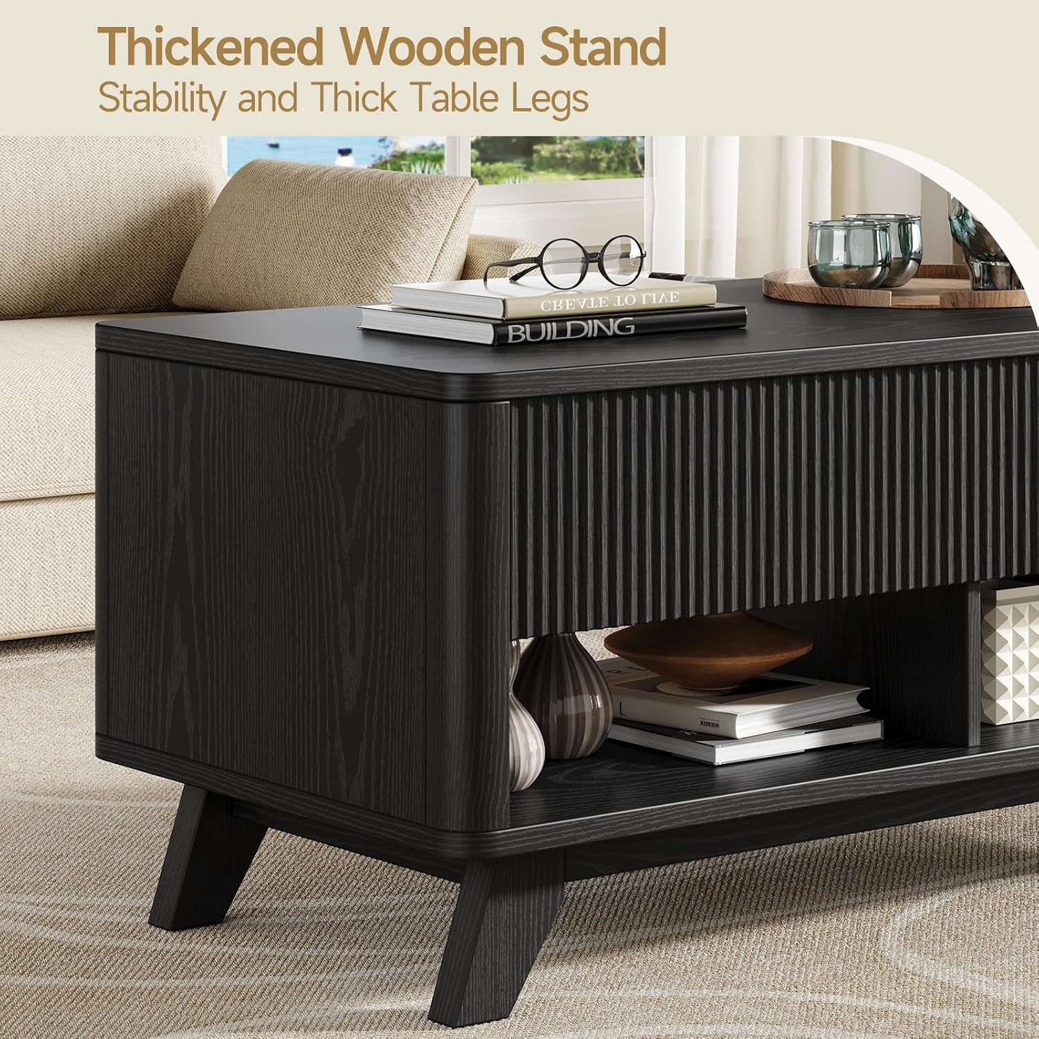 ONBRILL Farmhouse Lift Top Coffee Table, Mid Century Modern Coffee Table with Hidden Storage Compartment, Fluted Rising Pull up Wood Modern Center for Living Room, Office, Black