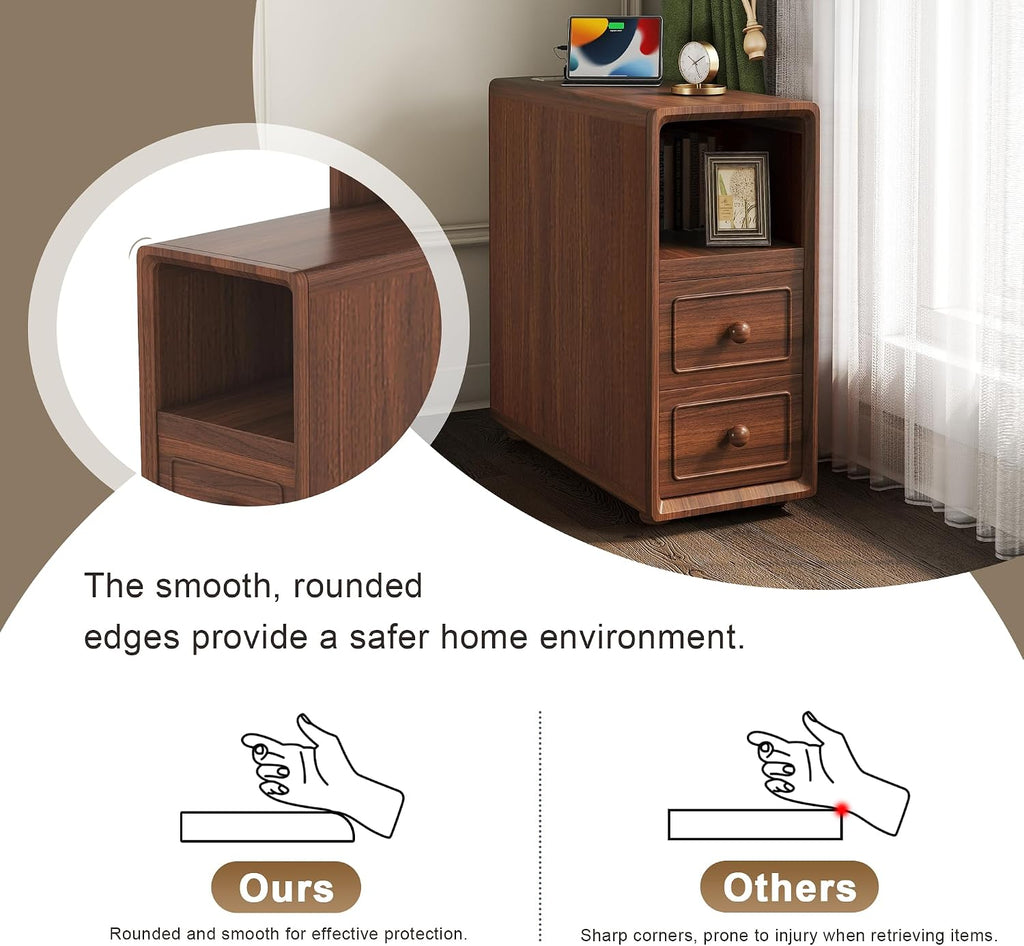 Mirightone Wood End Table Corner Side Table with Drawers & Open Shelves, Tall Sofa Side Table, Narrow Tables Bedside Table Nightstands with Charging Station for Living Room, Bedroom (Walnut)