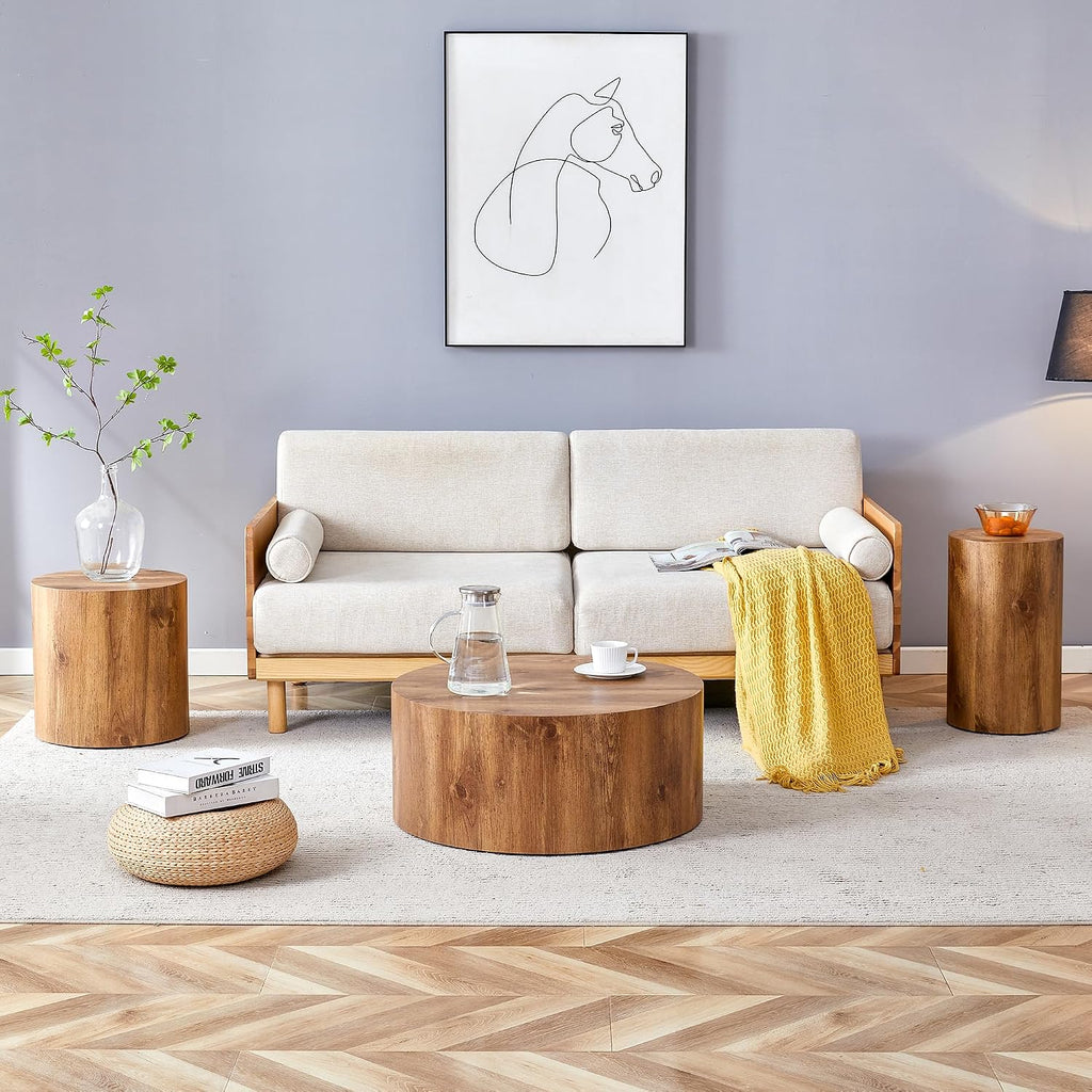 WILLIAMSPACE Round Coffee Table Set of 3 for Living Room, 3 Piece Modern Drum Circle Wood Side Tables, End Table for Apartment, Office, 27.5' + 15.7' + 12' (Wood Color)
