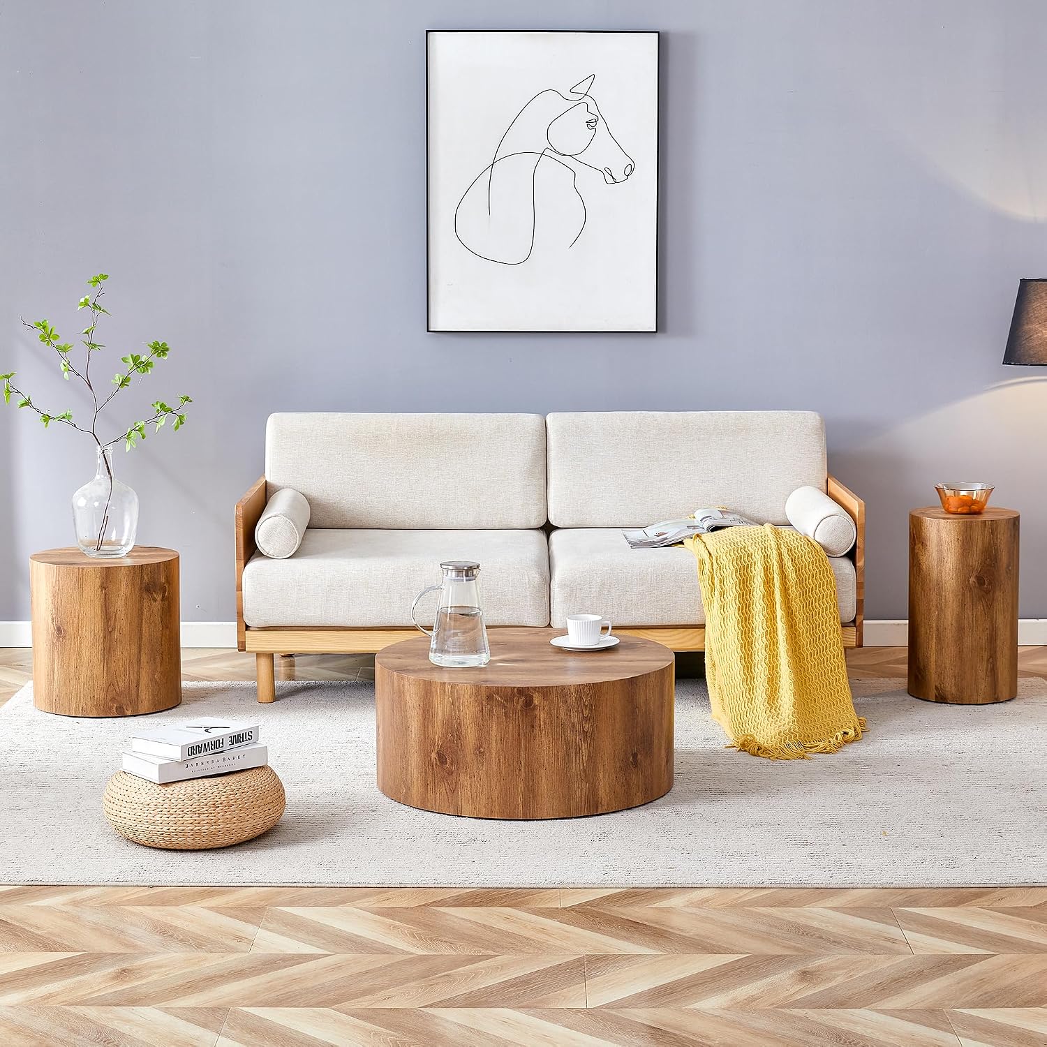 WILLIAMSPACE Round Coffee Table Set of 3 for Living Room, 3 Piece Modern Drum Circle Wood Side Tables, End Table for Apartment, Office, 27.5' + 15.7' + 12' (Wood Color)