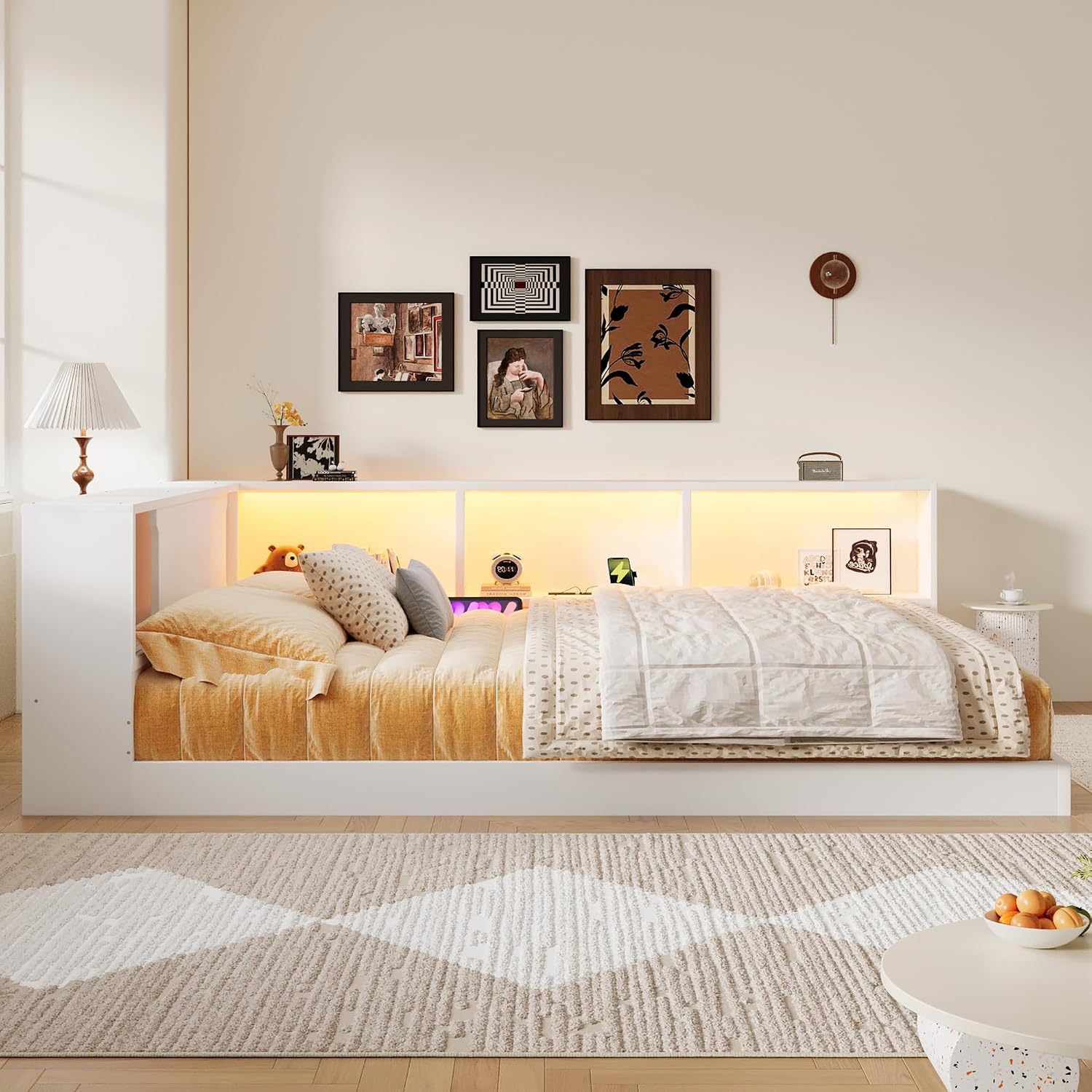 SOFTSEA Queen Size Daybed with Shelves, L-Shape Corner Bed Frame with LED and Storage, Wood Floor Daybed with LED for Kids, Teens & Adults, White