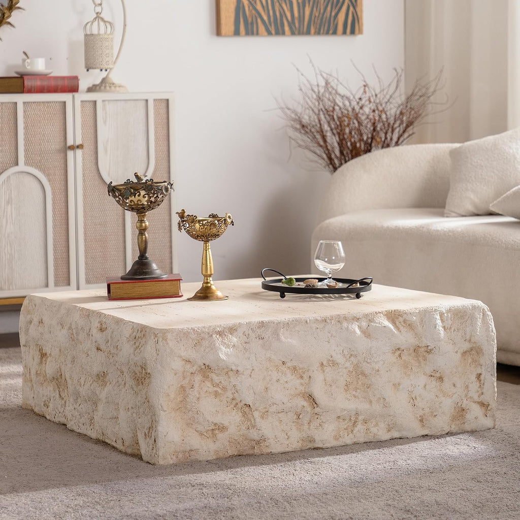GDFStudio Modern Lightweight Concrete Coffee Table, Indoor Outdoor Square Accent Table, Mid Century MGO Side Tables, Faux Stone Sofa Tables for Living Room Office Apartment, No Assembly, Amber+Beige