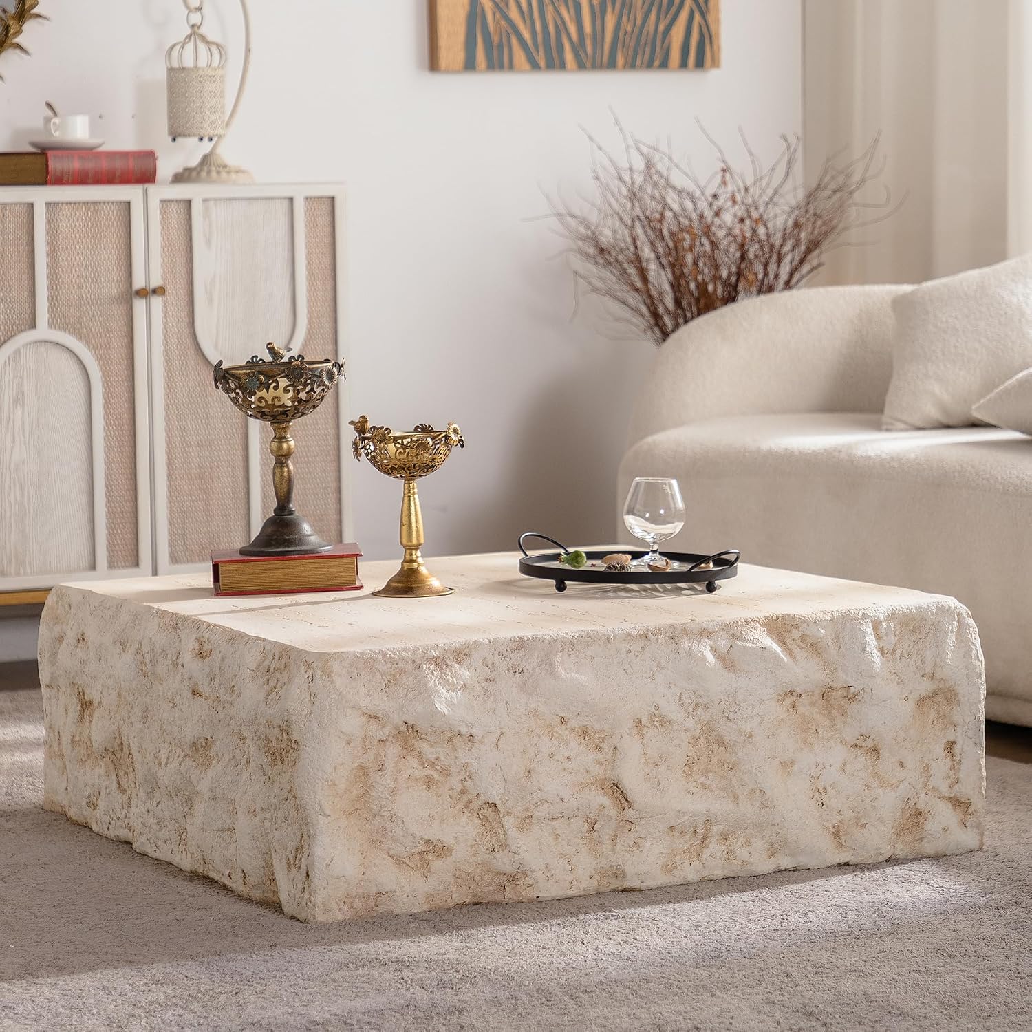 GDFStudio Modern Lightweight Concrete Coffee Table, Indoor Outdoor Square Accent Table, Mid Century MGO Side Tables, Faux Stone Sofa Tables for Living Room Office Apartment, No Assembly, Amber+Beige