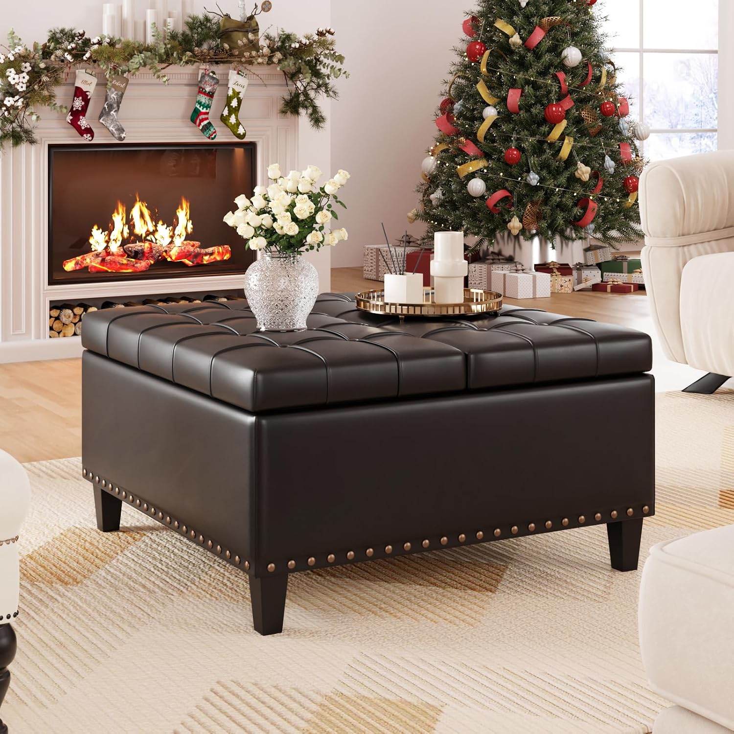 FiveWillowise Square Leather Ottoman with Storage, Faux Leather Coffee Table with Lift Top,Large Upholstered Footrest Stool Toy Box Storage Bench for Bedroom Living Room, Black