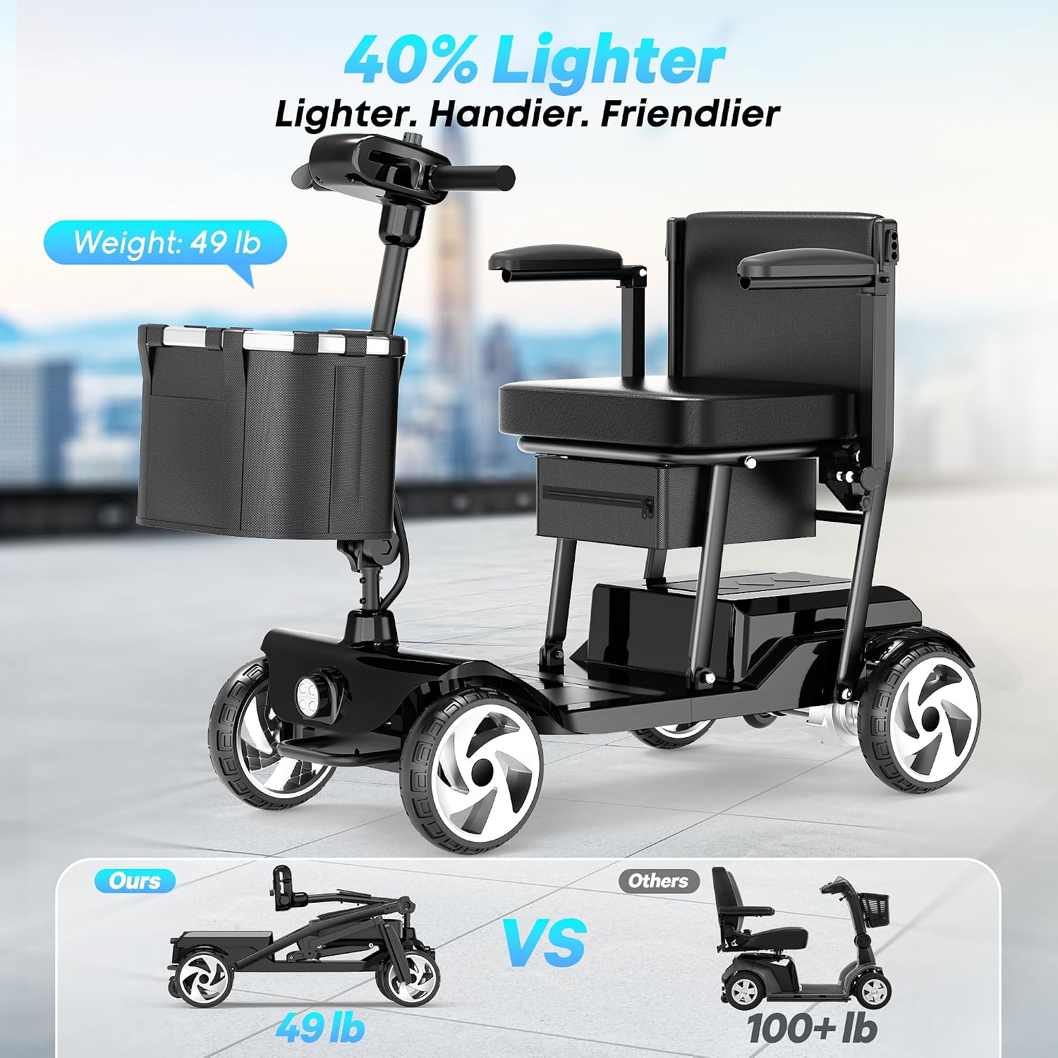 Mobility Scooters, Lightweight Electric Scooters for Seniors&Adults | 49lb Aluminum Frame with Removable Battery, Foldable Motorized Scooters for Trips, Shopping, Daily Use, Lacquer Black, 10 Ah