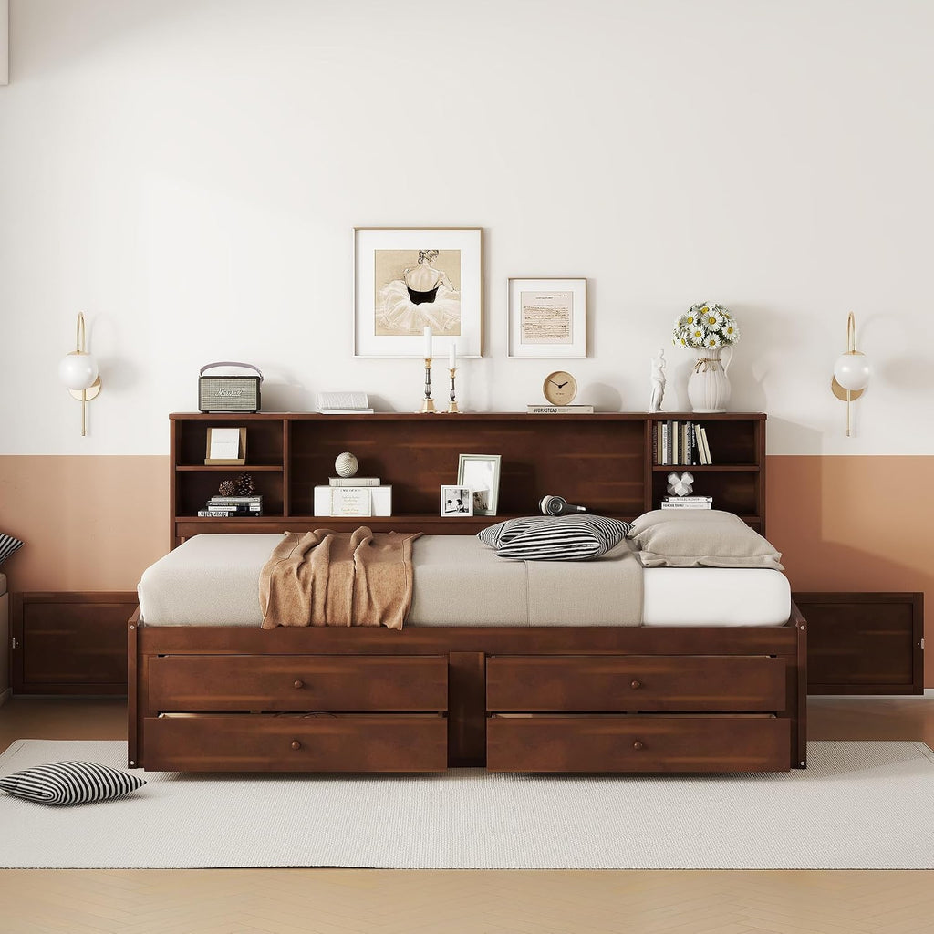 Hanuq Full Size Wooden Captain Bed with Bookcase Headboard | ﻿ Platform Bed with 4 Under-Bed Storage Drawers and Built-in Shelves, No Box Spring Needed, 550 Lbs Weight Capacity