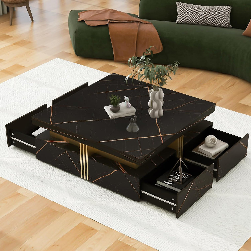 Modern Black Square Storage Coffee Table with 4 Drawers for Living Room