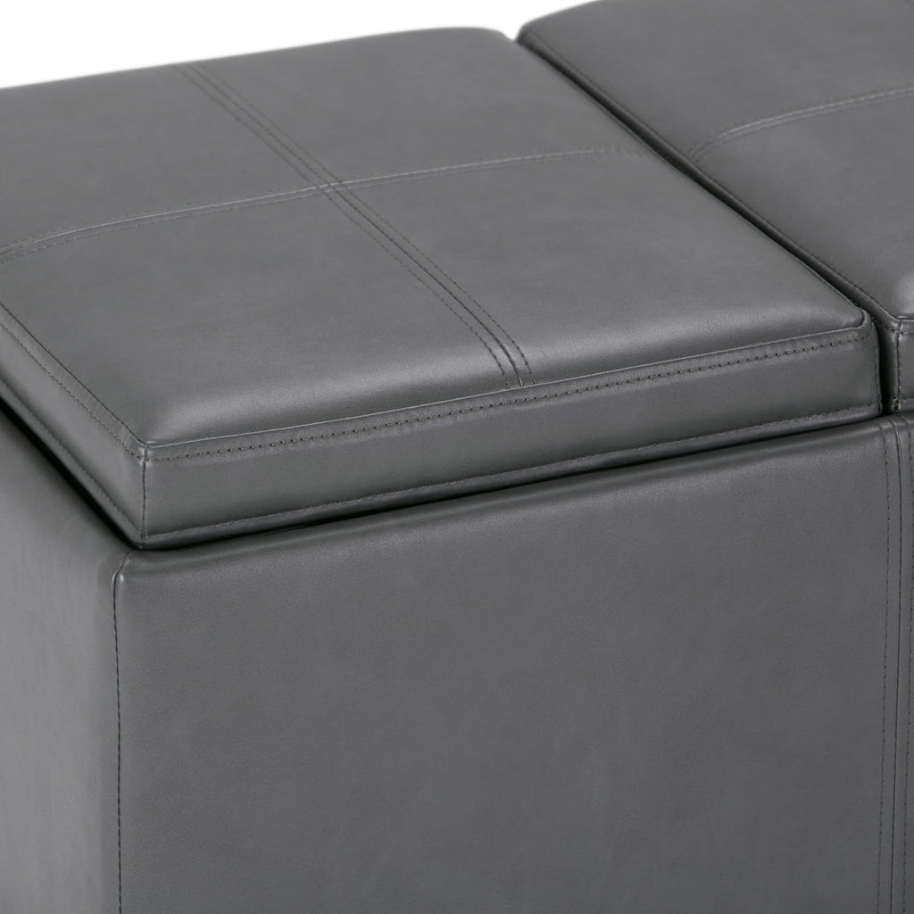 SIMPLIHOME Avalon Storage Ottoman - 42 inch Wide Upholstered Vegan Leather Rectangular Flip-Top Ottoman in Stone Grey, Contemporary Coffee Table Ottoman for Living Room with Hidden Storage