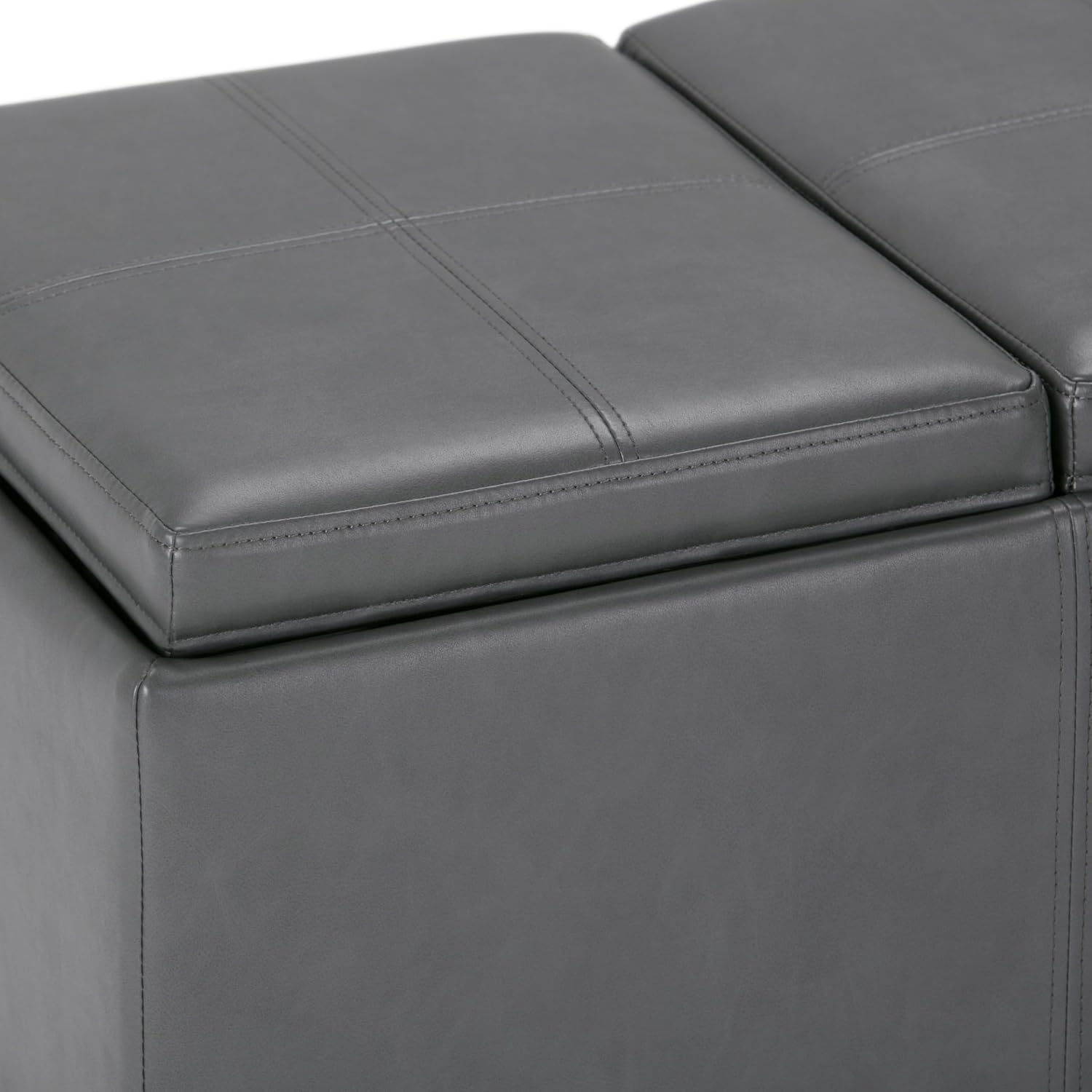 SIMPLIHOME Avalon Storage Ottoman - 42 inch Wide Upholstered Vegan Leather Rectangular Flip-Top Ottoman in Stone Grey, Contemporary Coffee Table Ottoman for Living Room with Hidden Storage