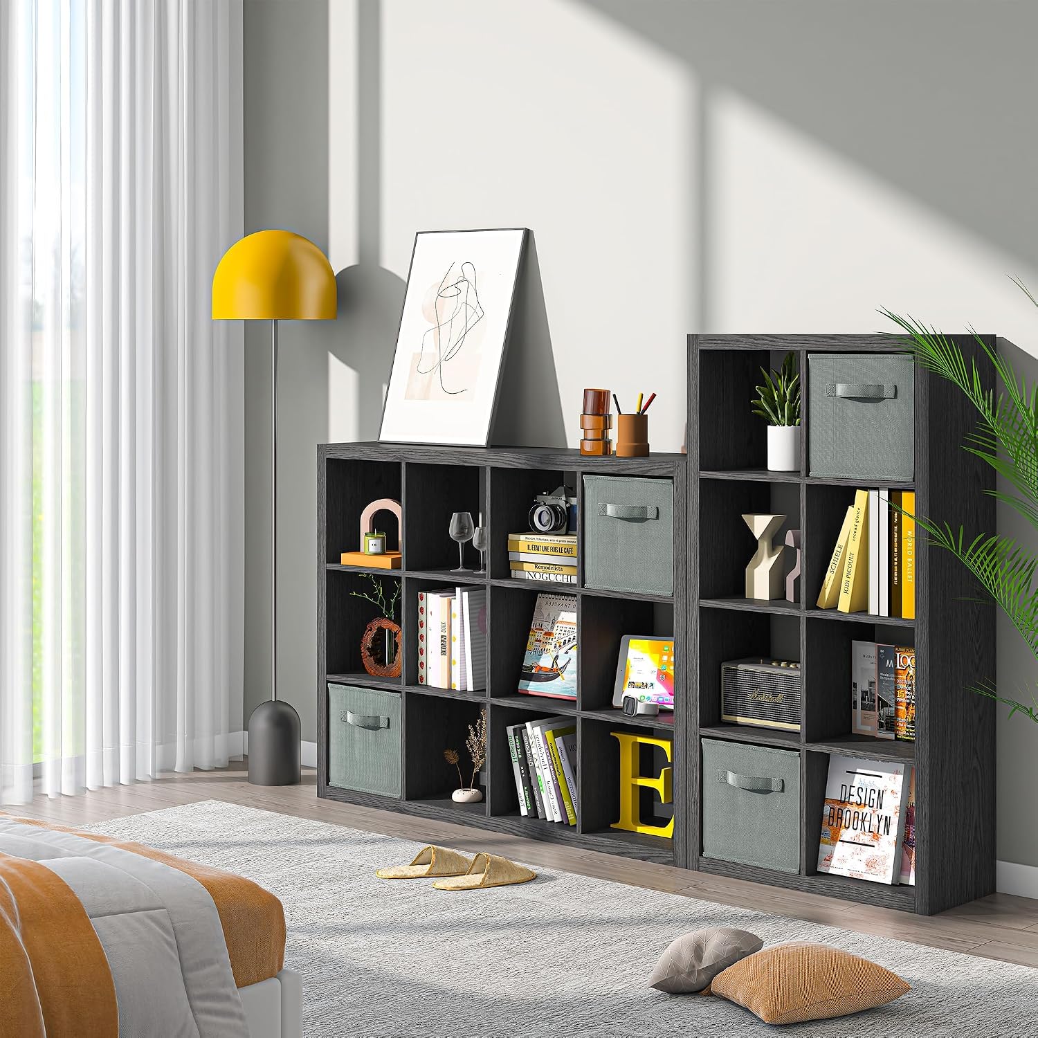 furtble Bookshelf with Storage Bins, 8-Cube Storage Organizer, Modern Black Bookshelf for Bedroom, Multifunctional Display Cube Bookshelves for Living Room, Bedroom, Home Office