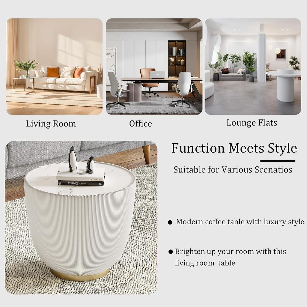 Round Coffee Table Set with Sintered Stone Tabletop, 27.56' Black Drum Center Table and 19.69' White Coffee Table Set, 2 Pieces Living Room Table Set with Fluted PU Leather Cover& Metal Base