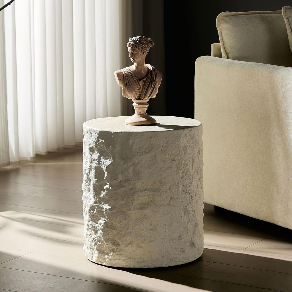 15.74 Inch Small Side Table for Living Room, Round Coffee Table Modern Center End Table for Small Space Apartment, Office, Indoor Outdoor Marble Fiber Concrete Stone Beige