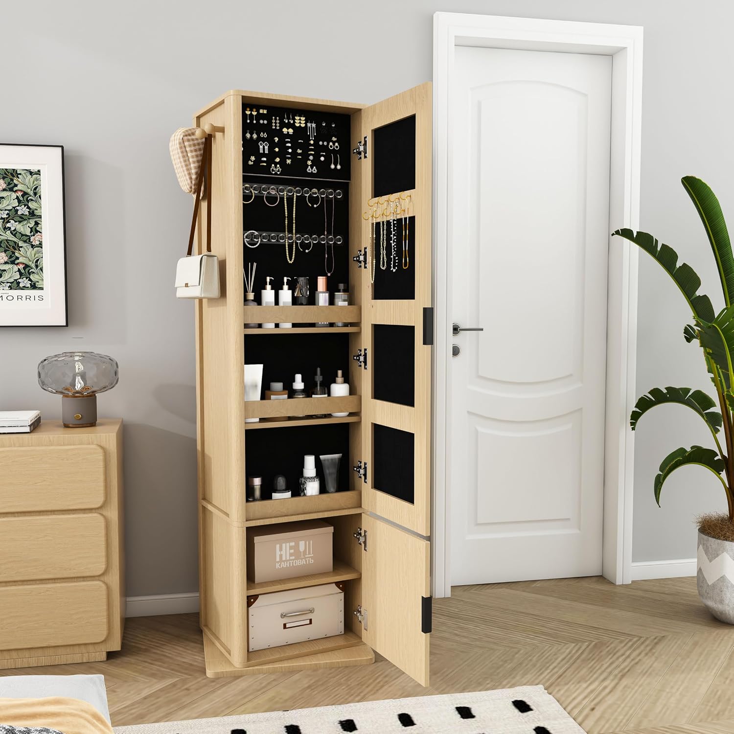 360° Rotating Makeup Storage Cabinet with Full-Length Mirror, Jewelry Armoire Organizer, Freestanding Bookshelf Tower, Coat Hook Stand, Hidden Shelves, Space-Saving Bedroom Furniture (Walnut)