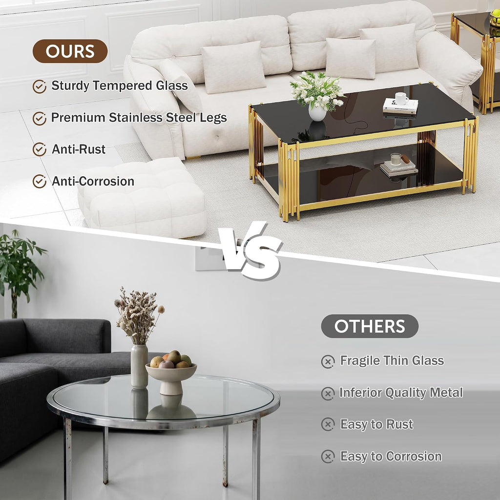 Black Glass Coffee Table 43' Modern Living Room Table Gold Stainless Steel Metal Leg Rectangular Tempered Glass Luxury Center Tables for Home Office