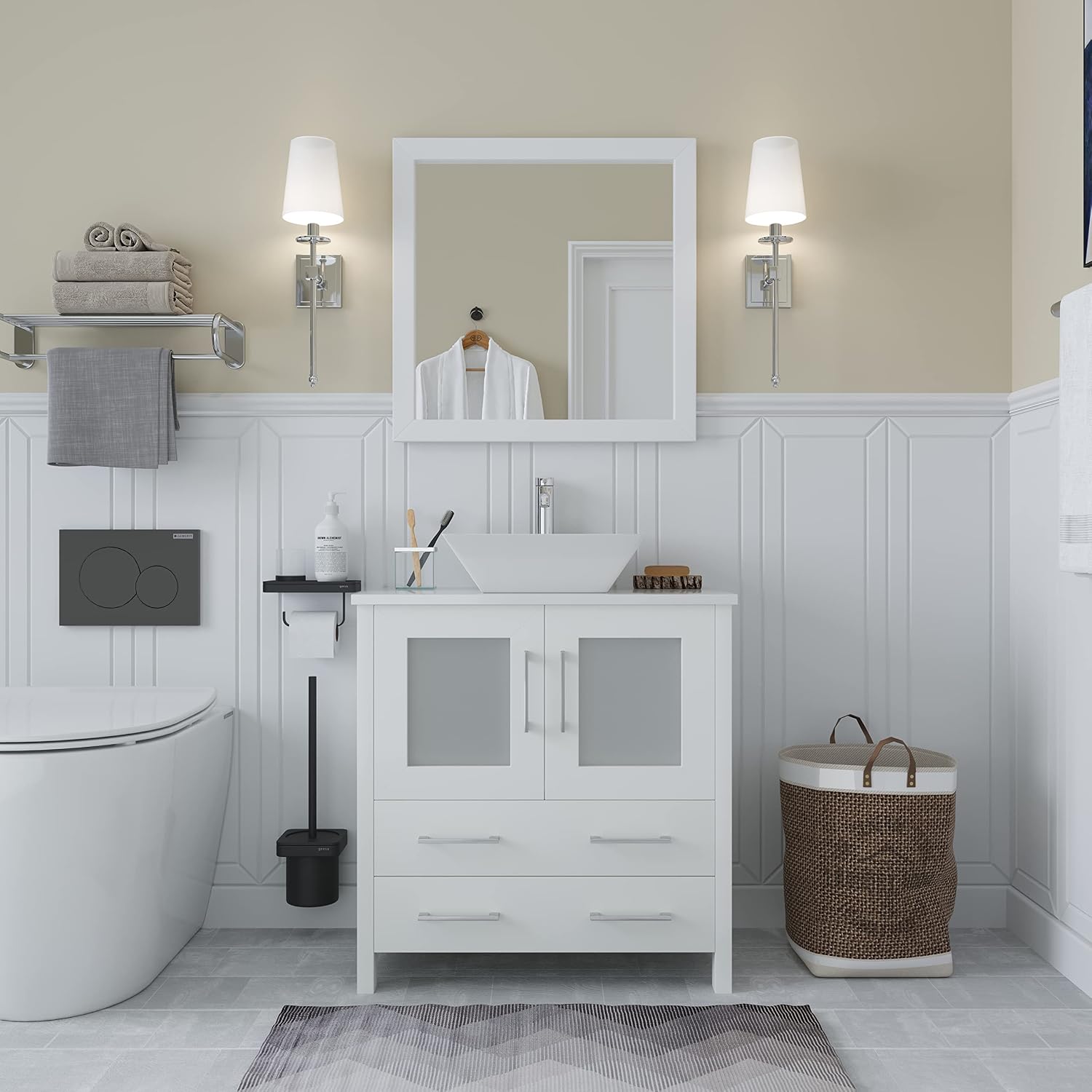 Vanity Art 30 Inch Vessel Single Sink Bathroom Vanity Cabinet with 1 Mirror, Engineered Marble Top Bathroom Cabinet Compact Set with 2 Dovetail Drawers and Soft Closing Doors, VA3130-W