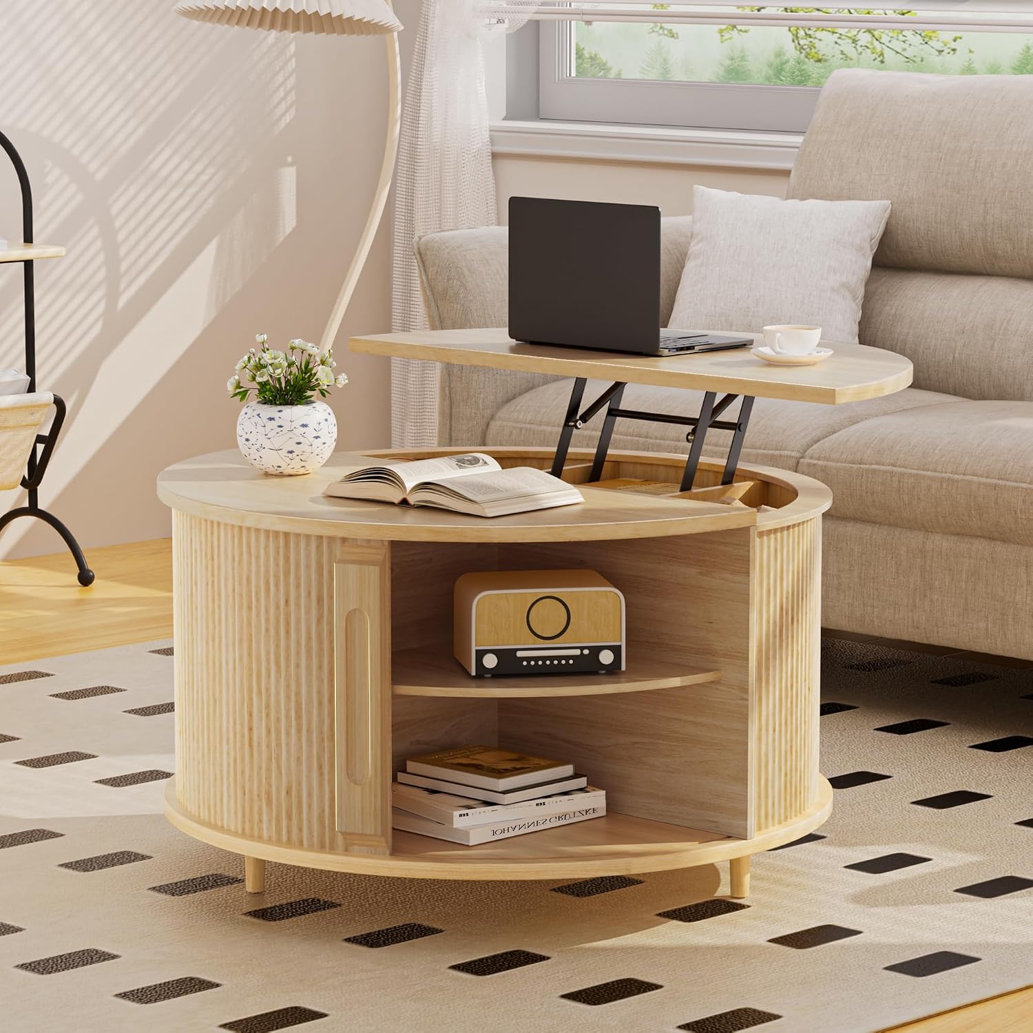 Round Lift Top Coffee Table, 31.5' Fluted Wood Lift Up Center Table with Sliding Door & Hidden Storage – Mid Century Modern Circle Coffee Table for Living Room, Apartmentm, Home Office (Natural)