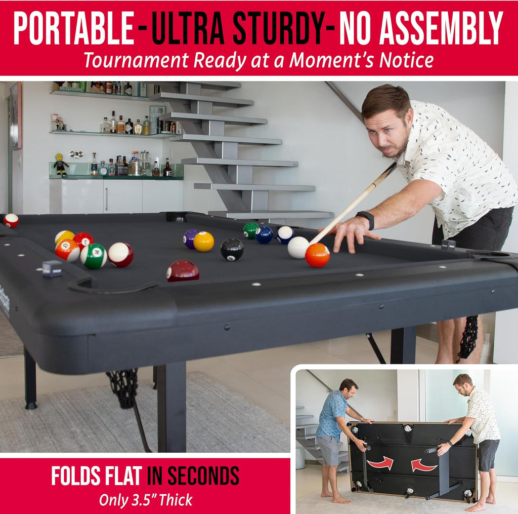 GoSports 6, 7, or 8 ft Billiards Tables - No Assembly, Choose Your Color - Portable Pool Table Includes Full Set of Balls, 2 Cue Sticks, Chalk and Felt Brush