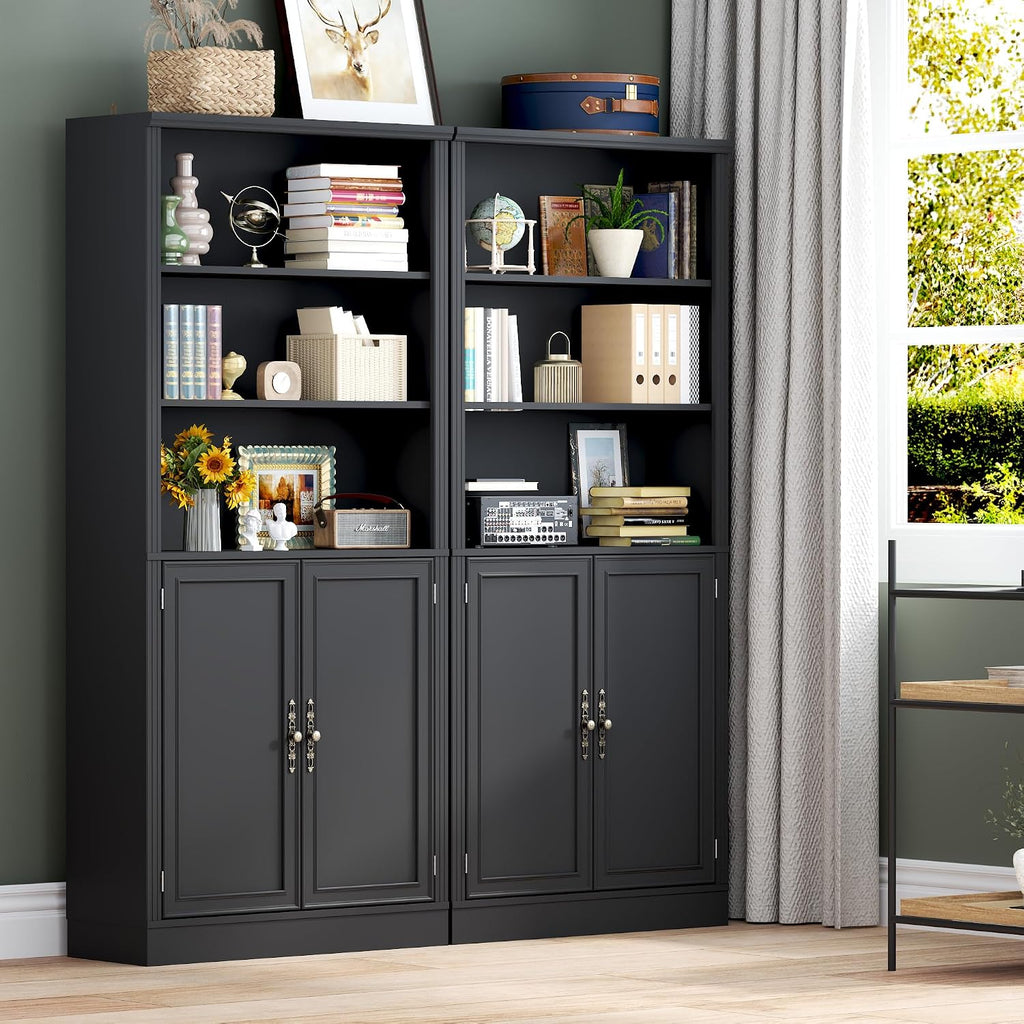 BORNOON 70.1' Tall Bookshelf with Cabinet, 5-Tier Floor Standing Bookcase with Doors & Adjustable Shelves, 31.5' Wide Storage Shelf, Metal Handles, Modern Organizer for Home Office, Living Room