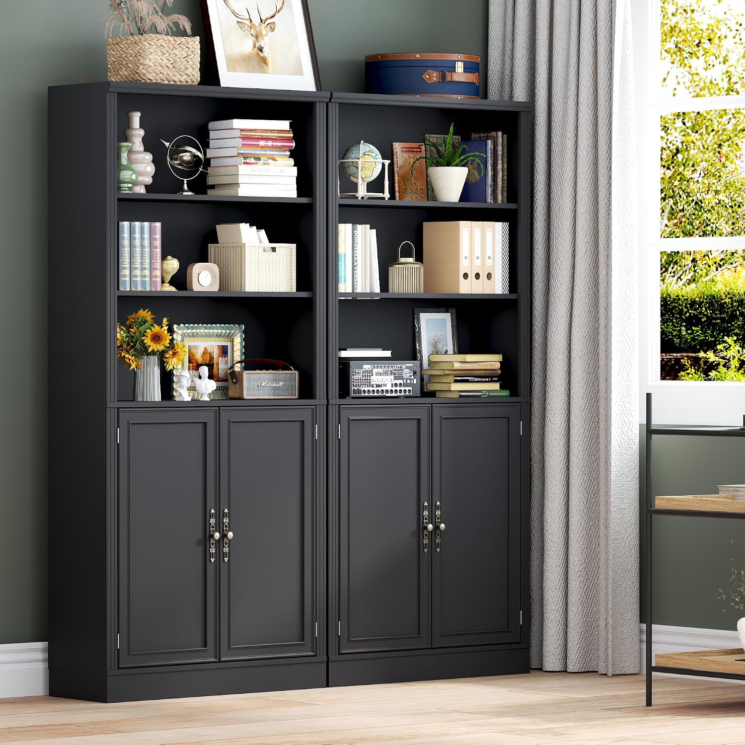 BORNOON 70.1' Tall Bookshelf with Cabinet, 5-Tier Floor Standing Bookcase with Doors & Adjustable Shelves, 31.5' Wide Storage Shelf, Metal Handles, Modern Organizer for Home Office, Living Room